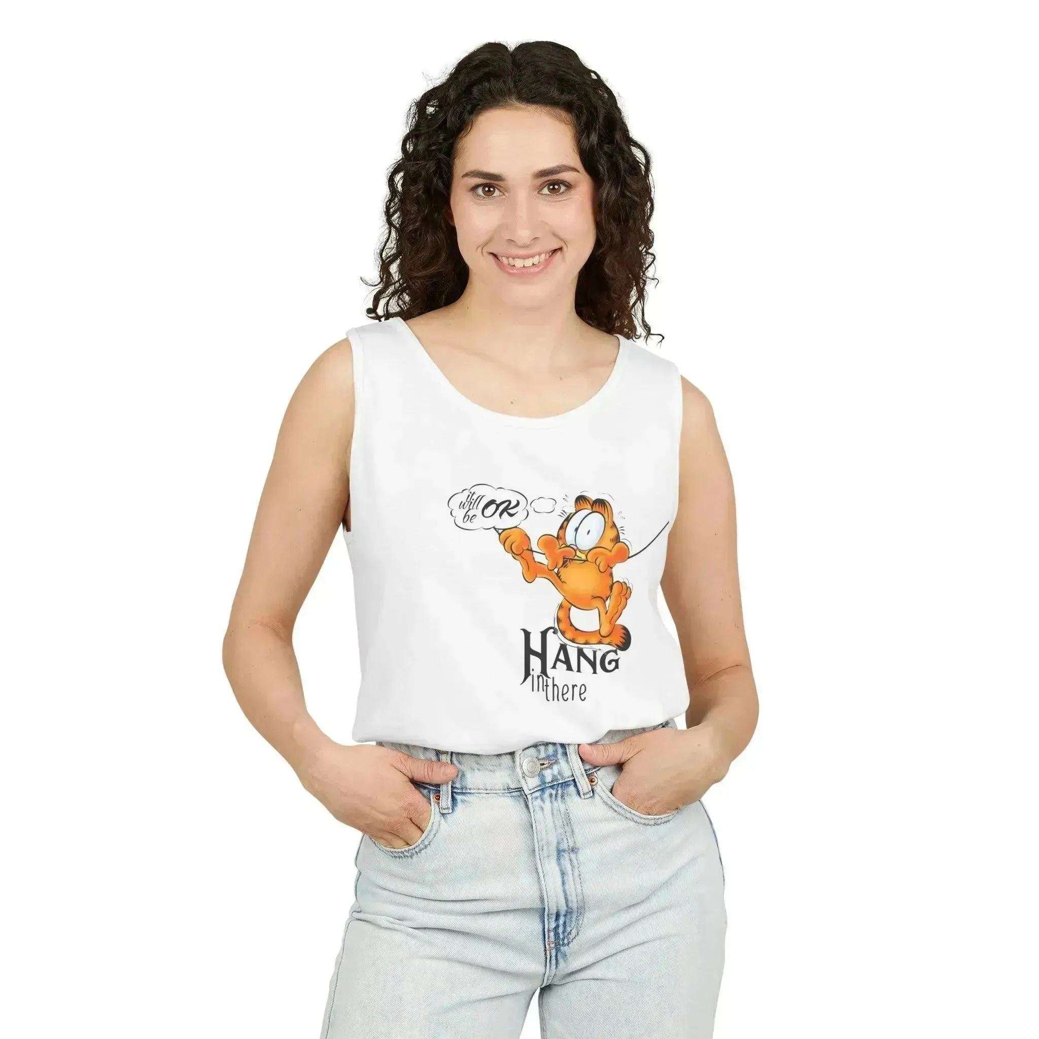 Funny Garfield Hang in Unisex Garment-Dyed Tank Top