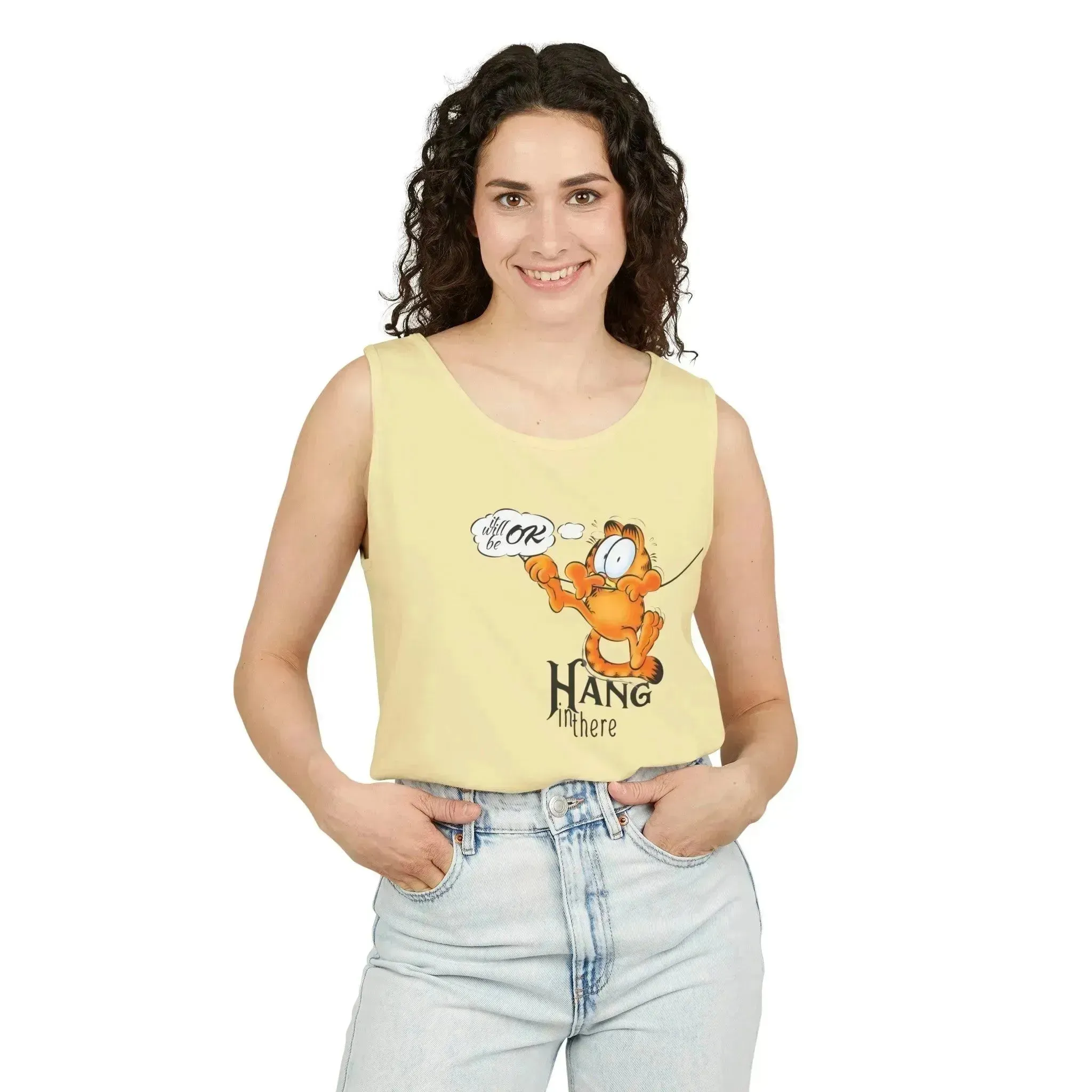 Funny Garfield Hang in Unisex Garment-Dyed Tank Top