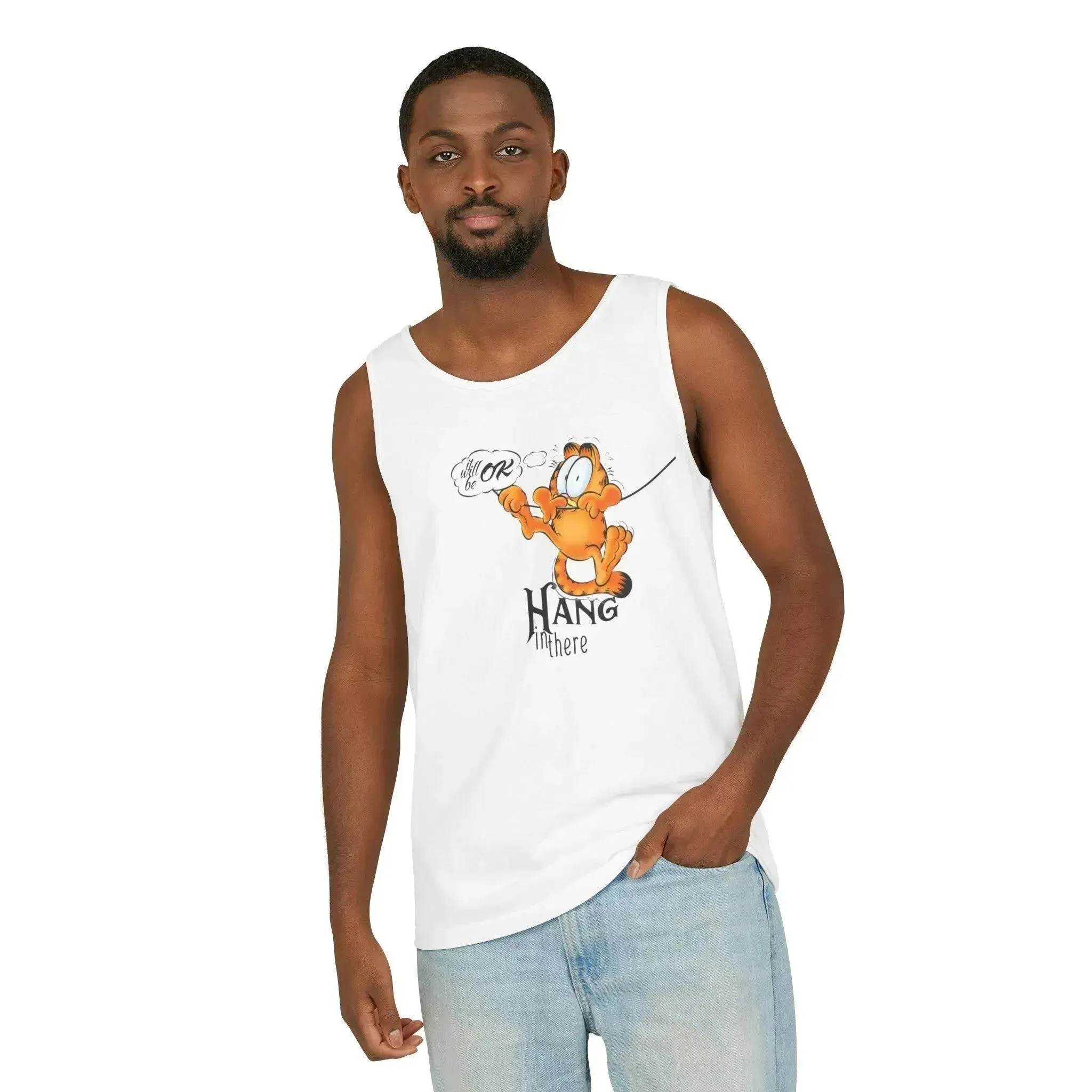 Funny Garfield Hang in Unisex Garment-Dyed Tank Top