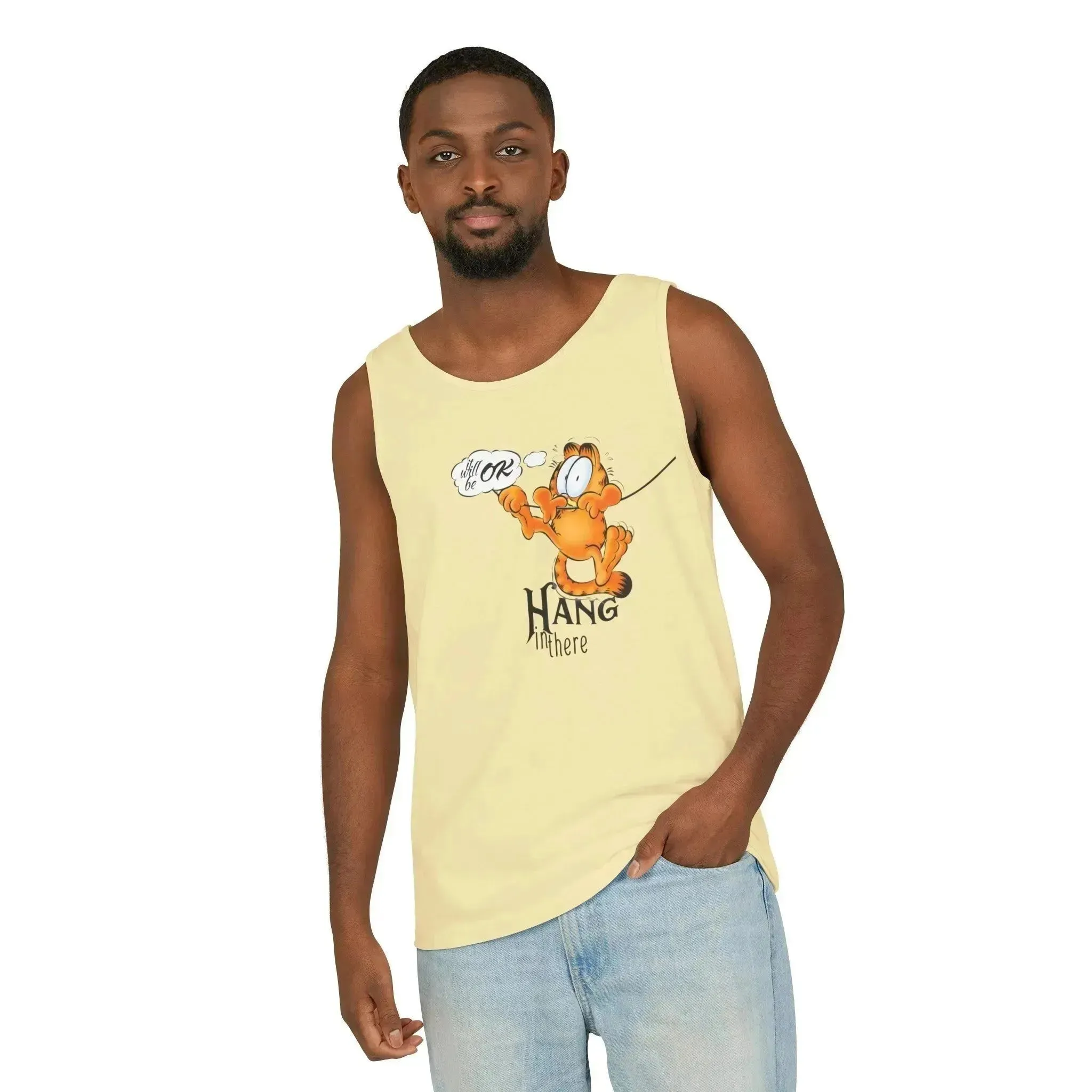 Funny Garfield Hang in Unisex Garment-Dyed Tank Top