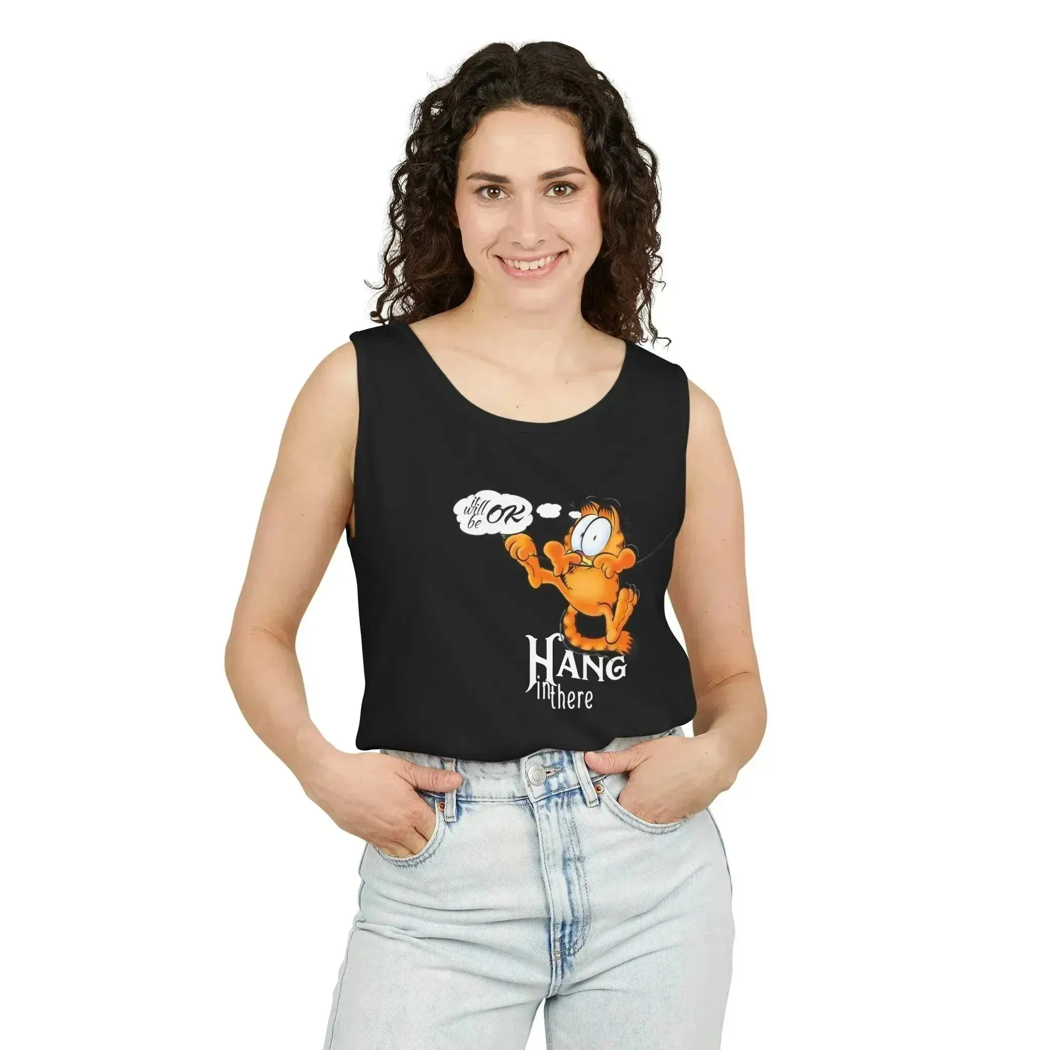 Funny Garfield Hang in Unisex Garment-Dyed Tank Top