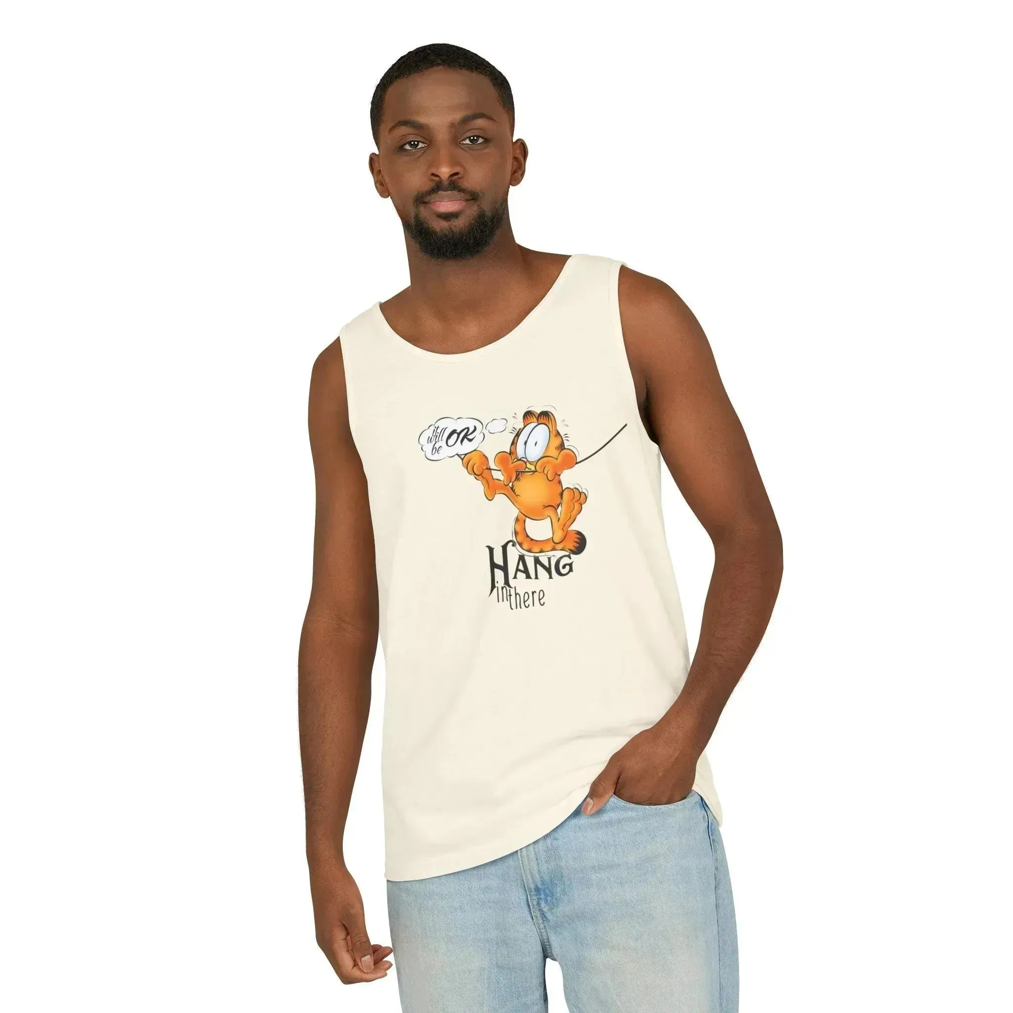 Funny Garfield Hang in Unisex Garment-Dyed Tank Top