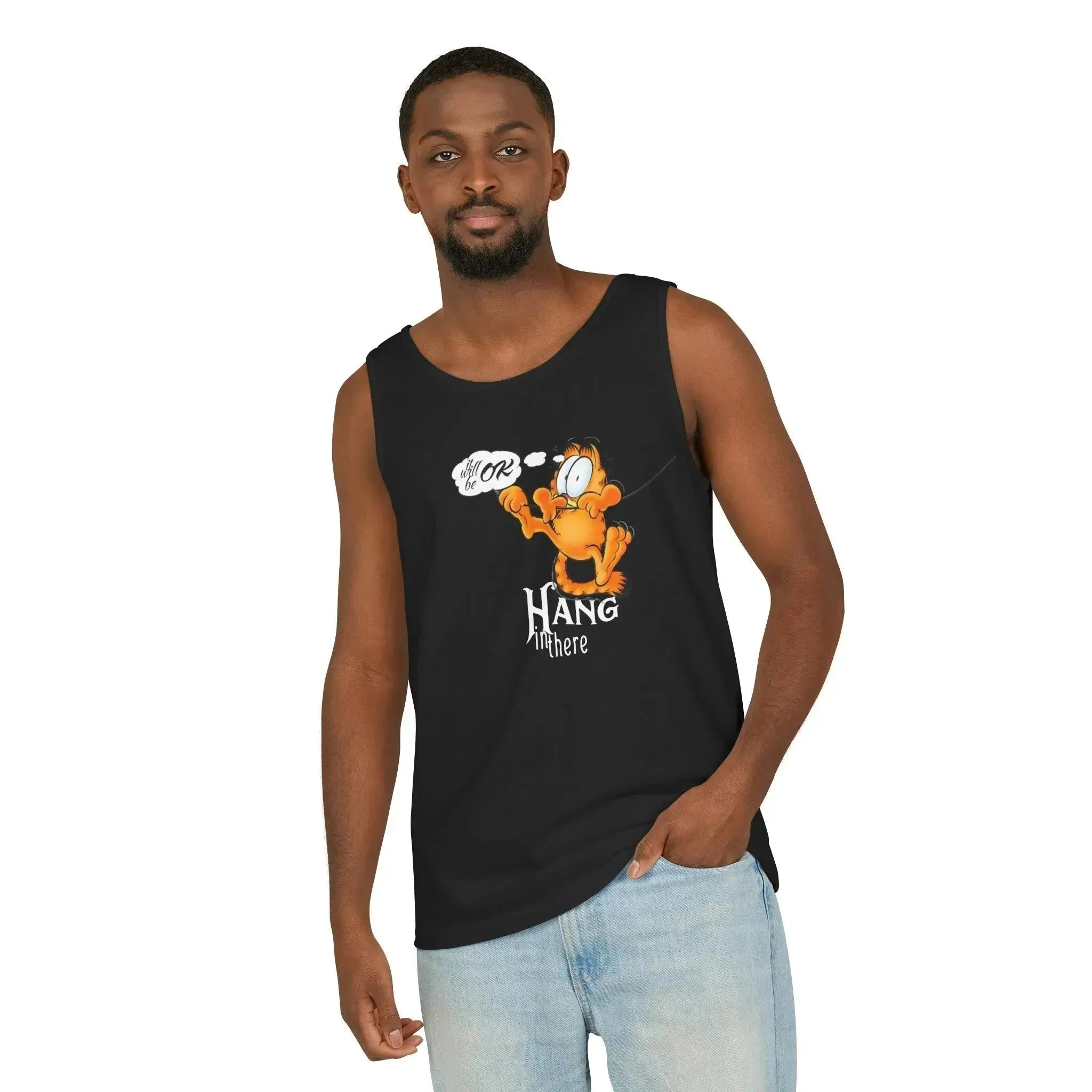Funny Garfield Hang in Unisex Garment-Dyed Tank Top