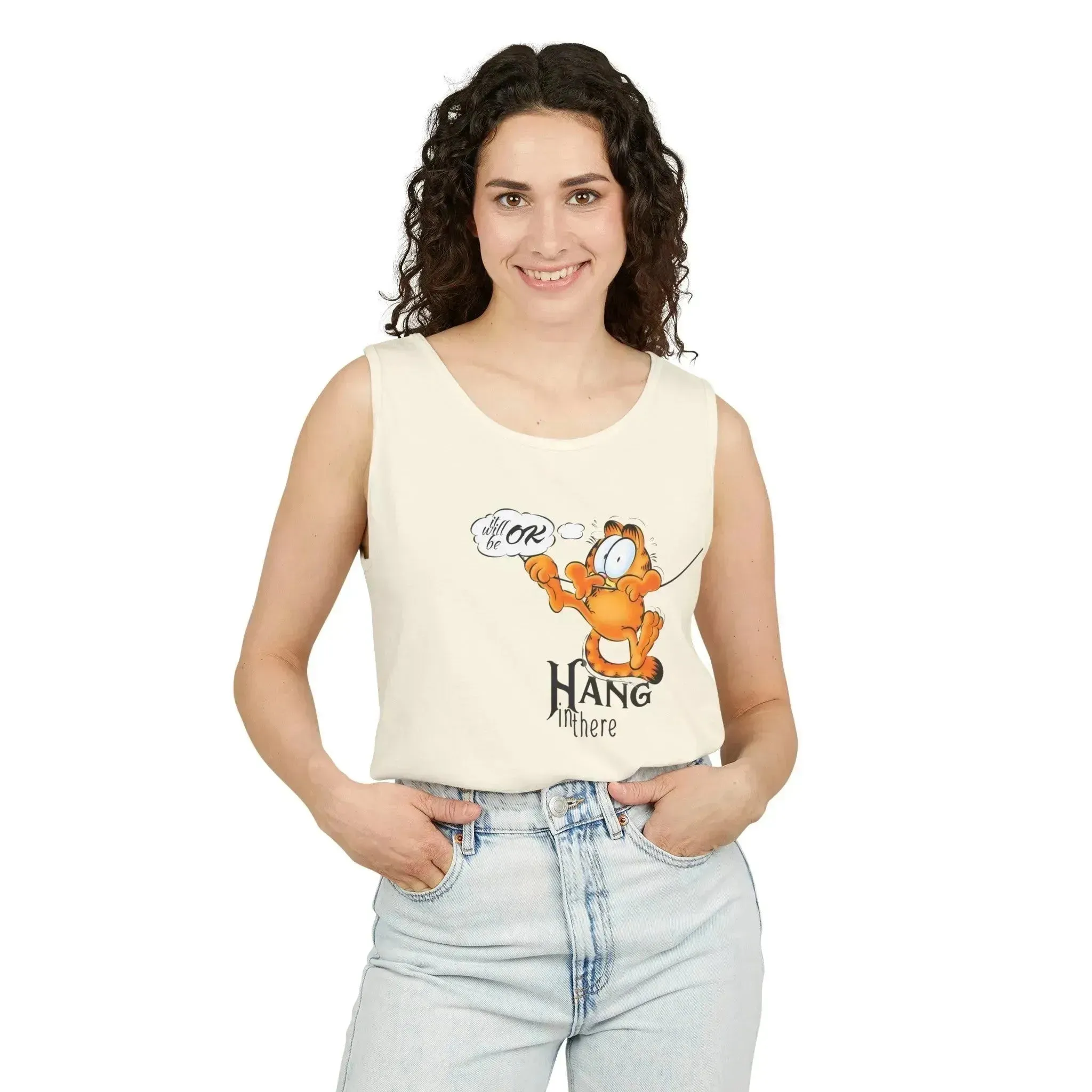 Funny Garfield Hang in Unisex Garment-Dyed Tank Top