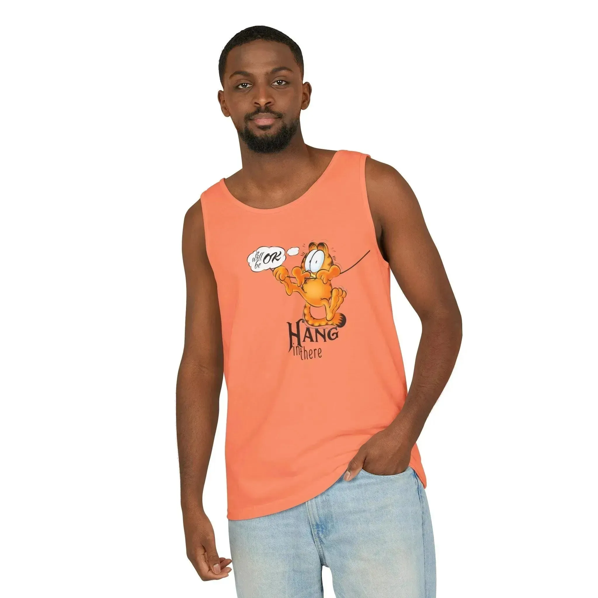Funny Garfield Hang in Unisex Garment-Dyed Tank Top