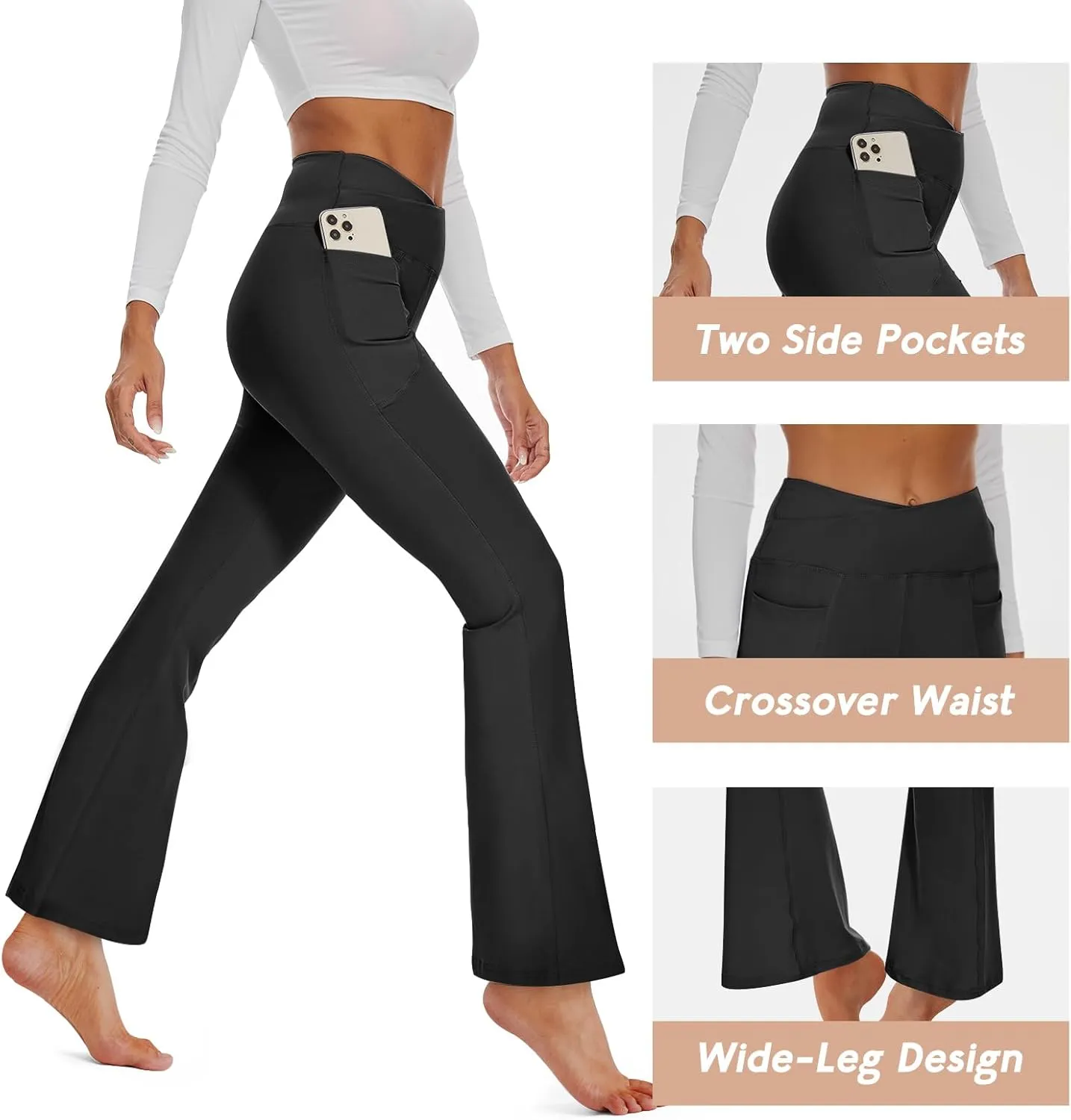 GAYHAY Flare Leggings for Women - Pockets Crossover Yoga Pants High Waist Tummy Control Bootcut Workout Flared Leggings
