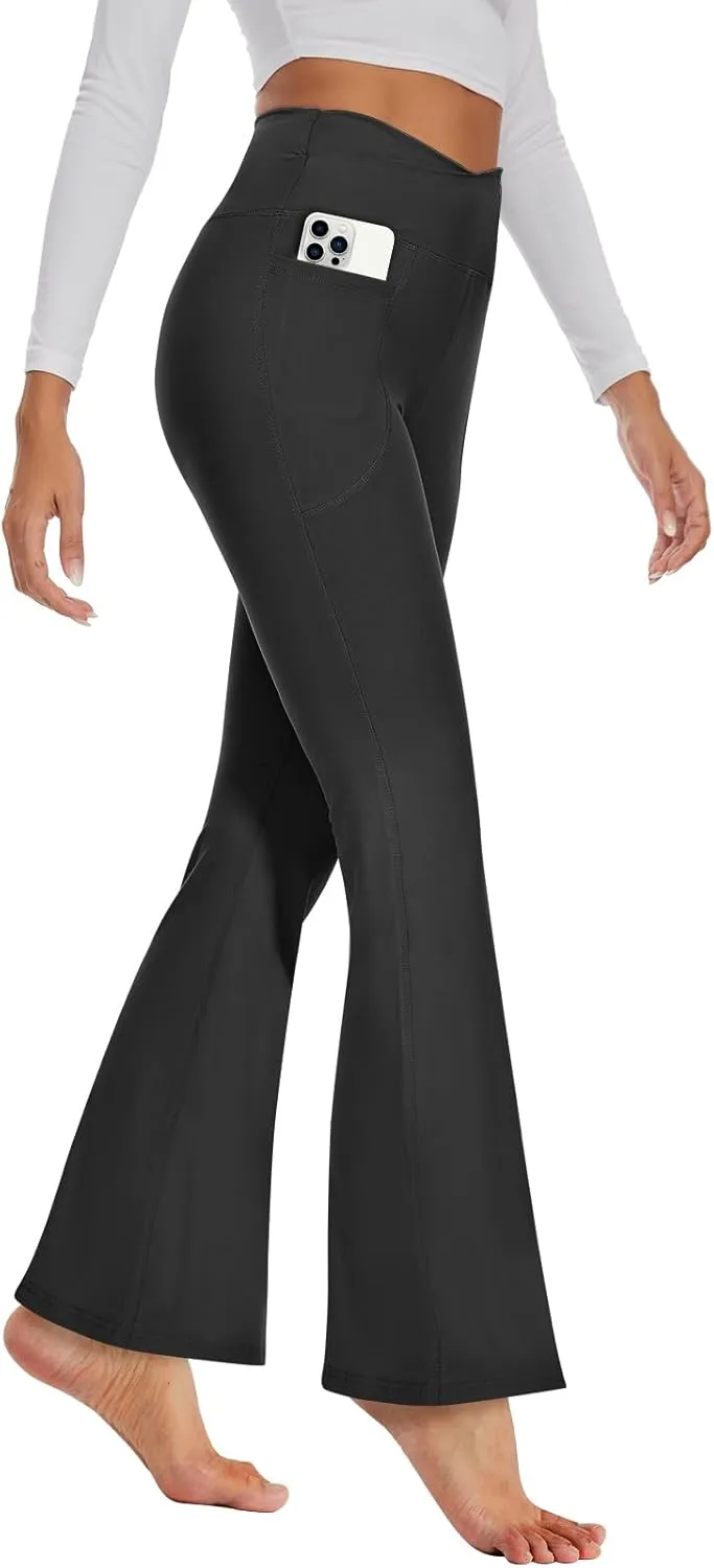 GAYHAY Flare Leggings for Women - Pockets Crossover Yoga Pants High Waist Tummy Control Bootcut Workout Flared Leggings