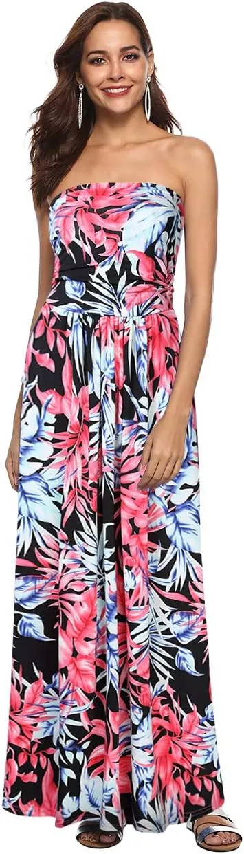 GloryStar Women's Summer Boho Strapless Midi Dresses High Waist Vintage Floral Print Maxi Long Dress with Pockets Black-Red L