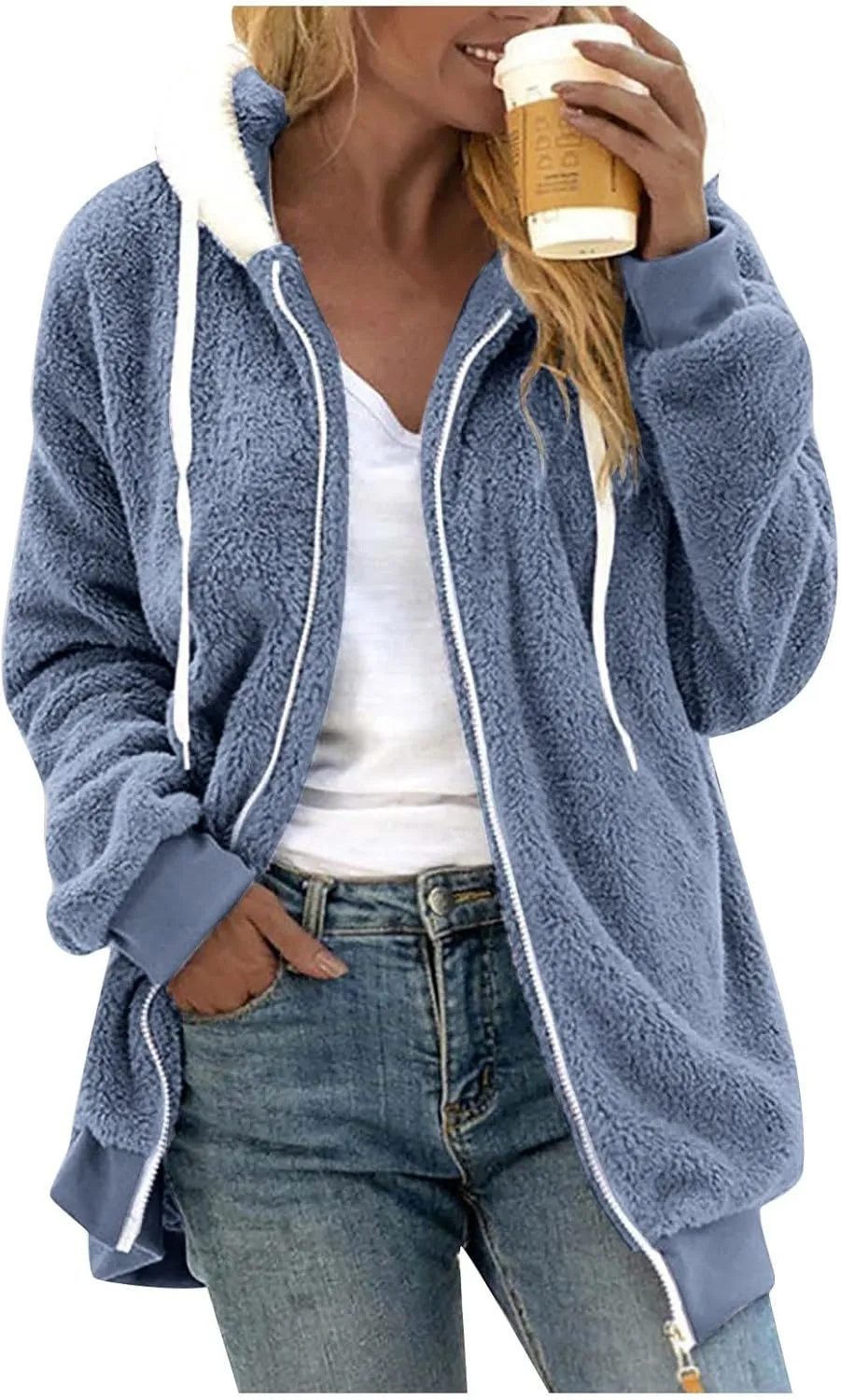 GOFULY Winter Hoodie Women Trendy Oversized Sherpa Coats Trendy Full Zip Plush Jackets Plus Size Patchwork Cardigans Pockets
