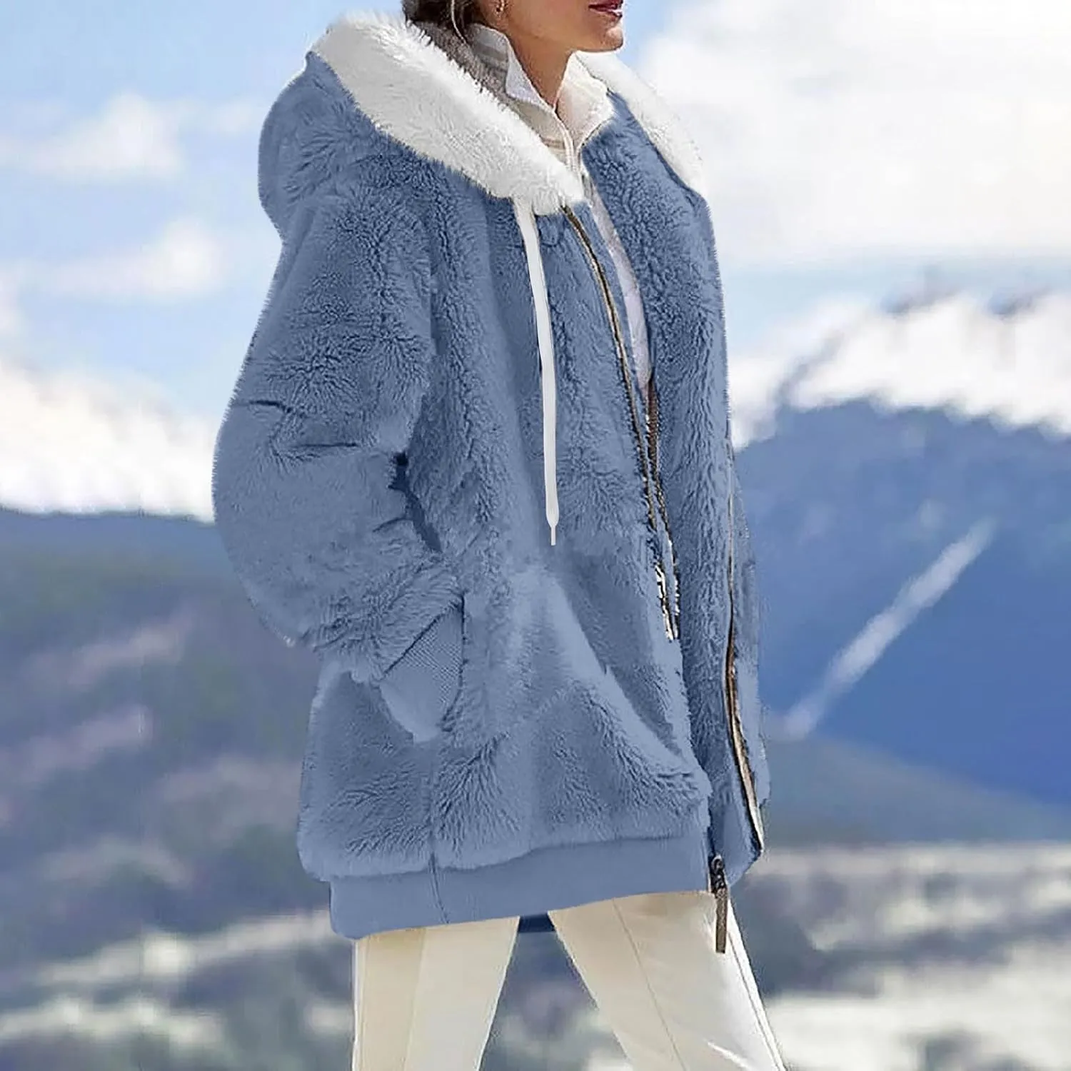 GOFULY Winter Hoodie Women Trendy Oversized Sherpa Coats Trendy Full Zip Plush Jackets Plus Size Patchwork Cardigans Pockets