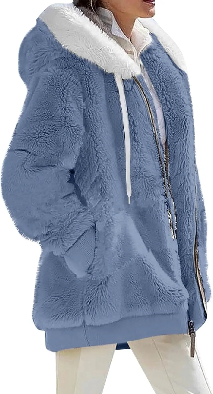 GOFULY Winter Hoodie Women Trendy Oversized Sherpa Coats Trendy Full Zip Plush Jackets Plus Size Patchwork Cardigans Pockets
