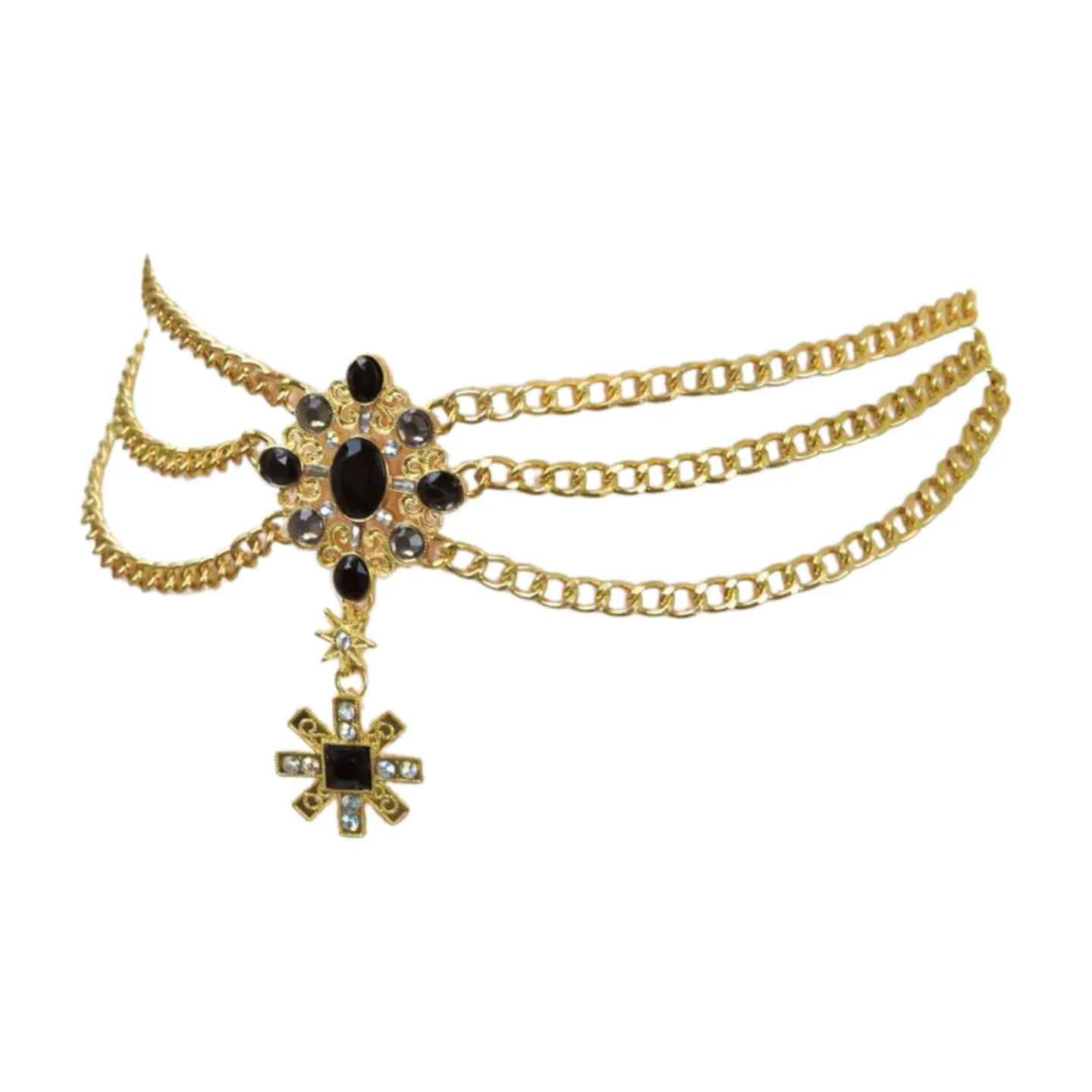 Gold Metal Chain Belt British Black Cross Star Charm S M