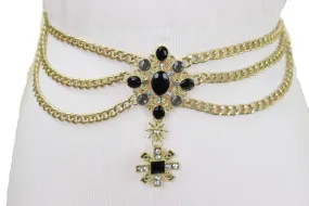 Gold Metal Chain Belt British Black Cross Star Charm S M