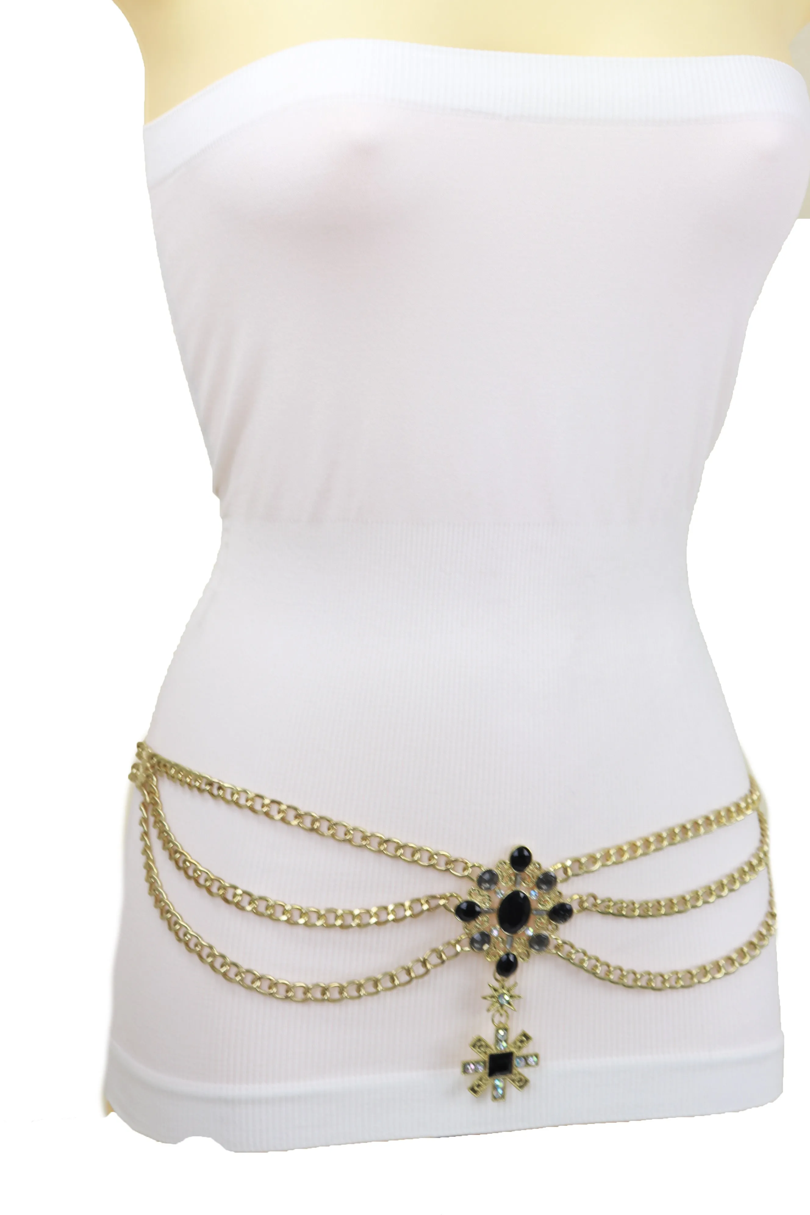 Gold Metal Chain Belt British Black Cross Star Charm S M