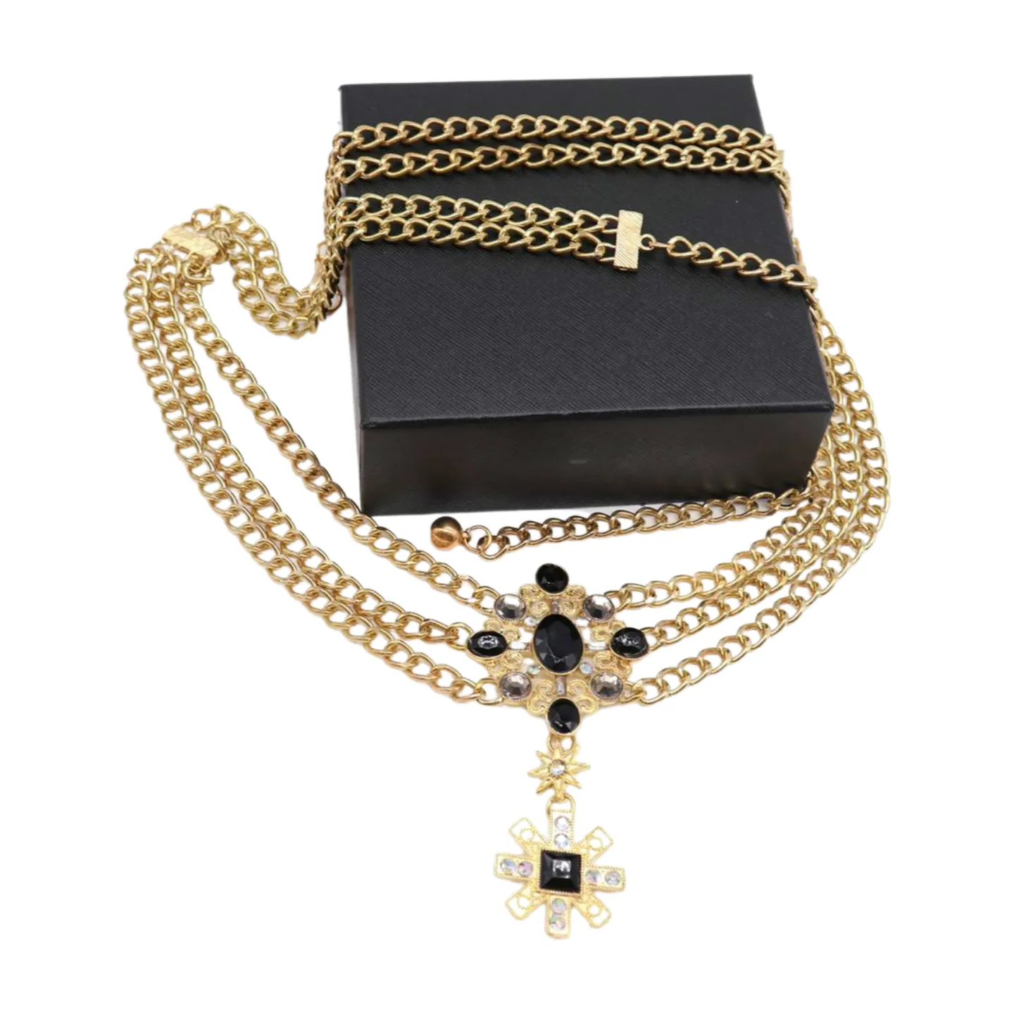 Gold Metal Chain Belt British Black Cross Star Charm S M