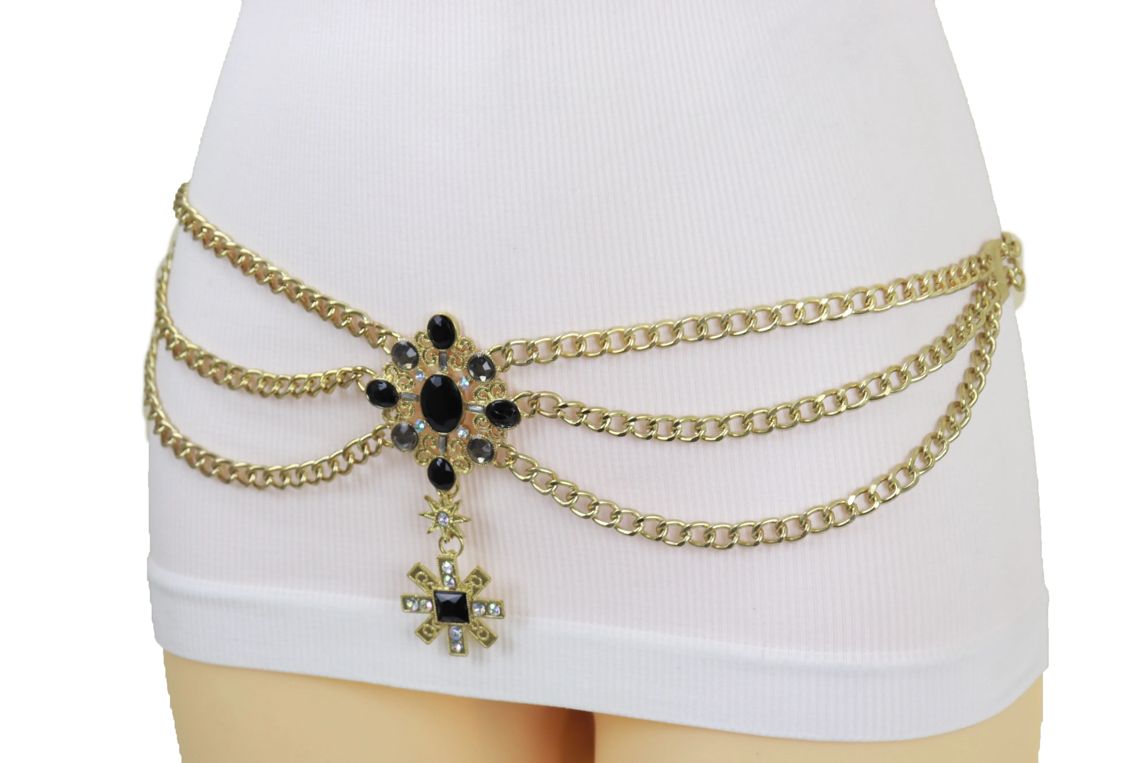 Gold Metal Chain Belt British Black Cross Star Charm S M