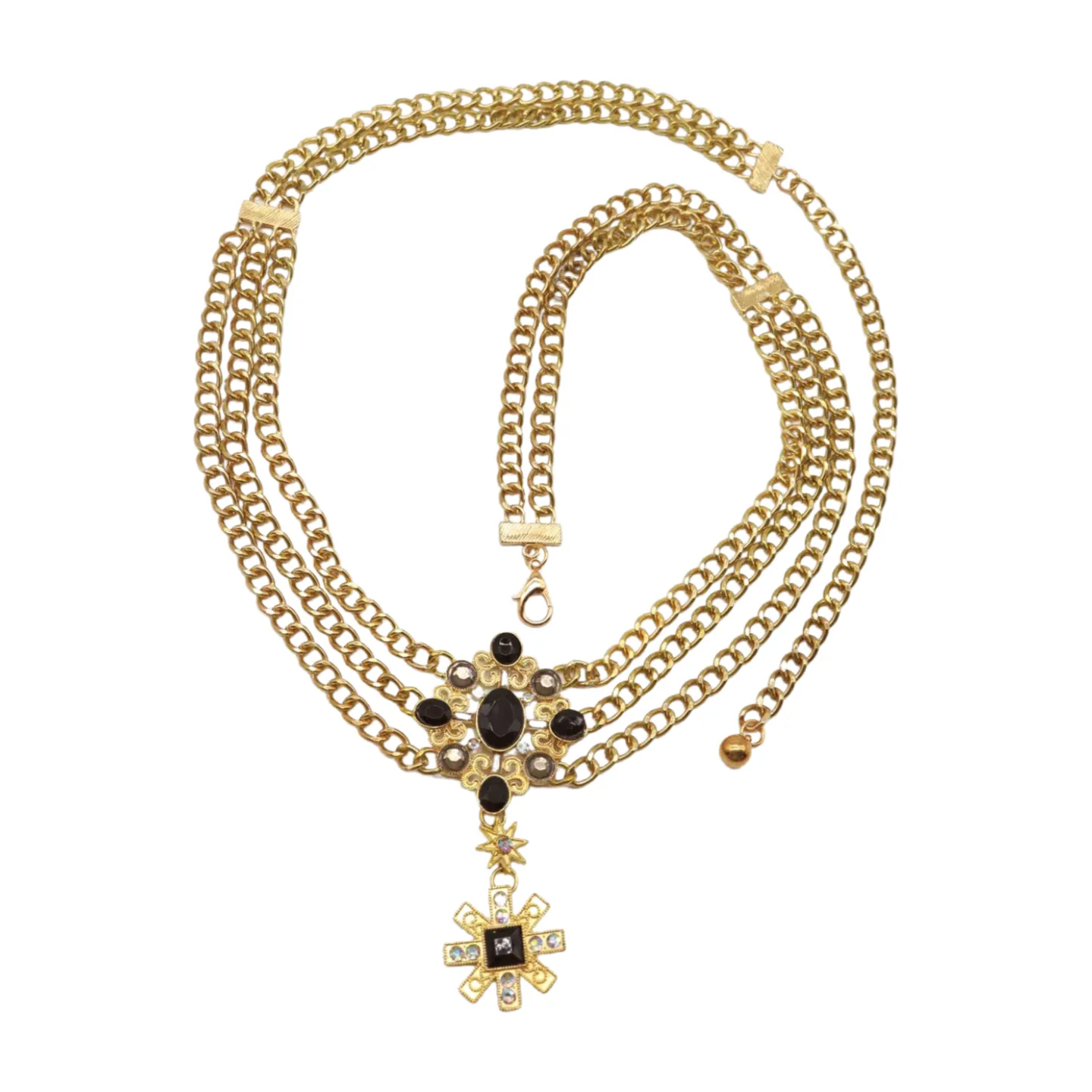 Gold Metal Chain Belt British Black Cross Star Charm S M