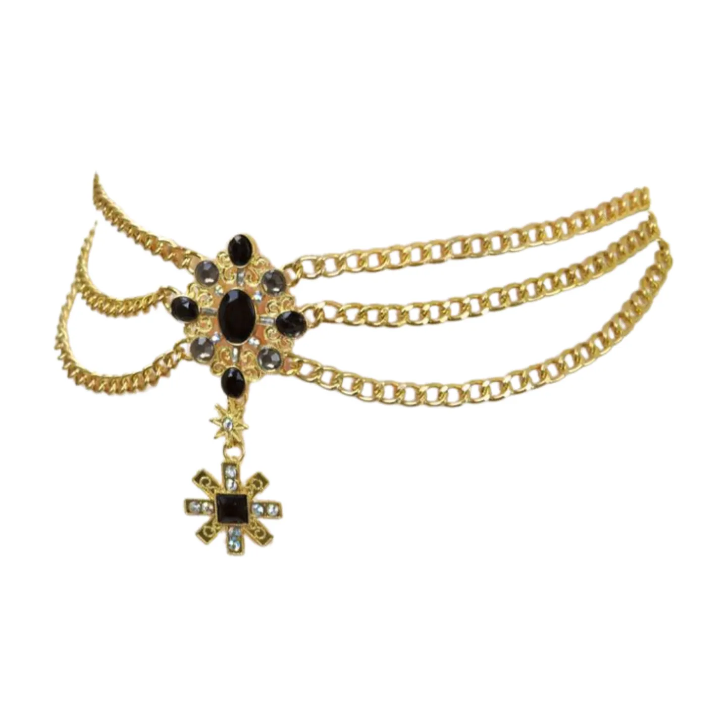 Gold Metal Chain Belt British Black Cross Star Charm S M