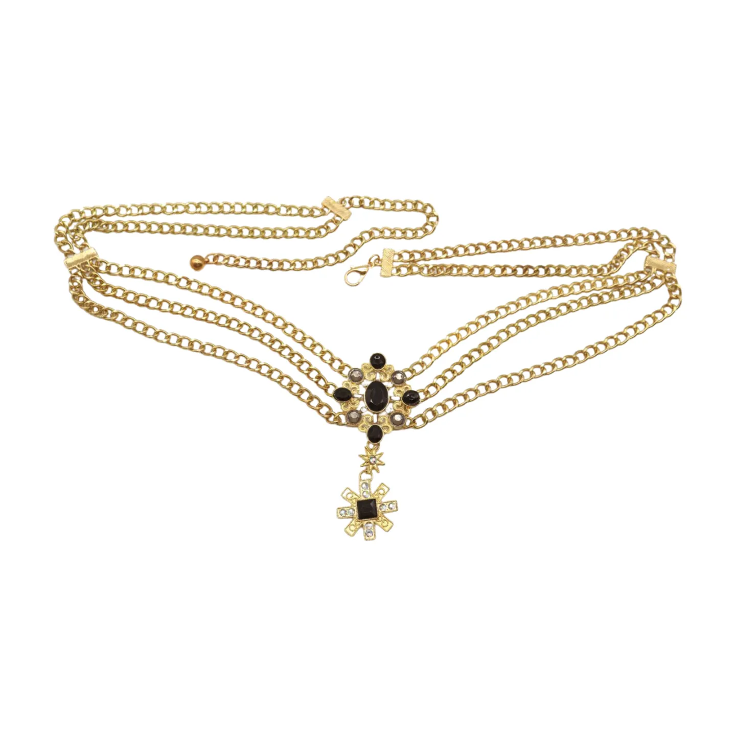 Gold Metal Chain Belt British Black Cross Star Charm S M