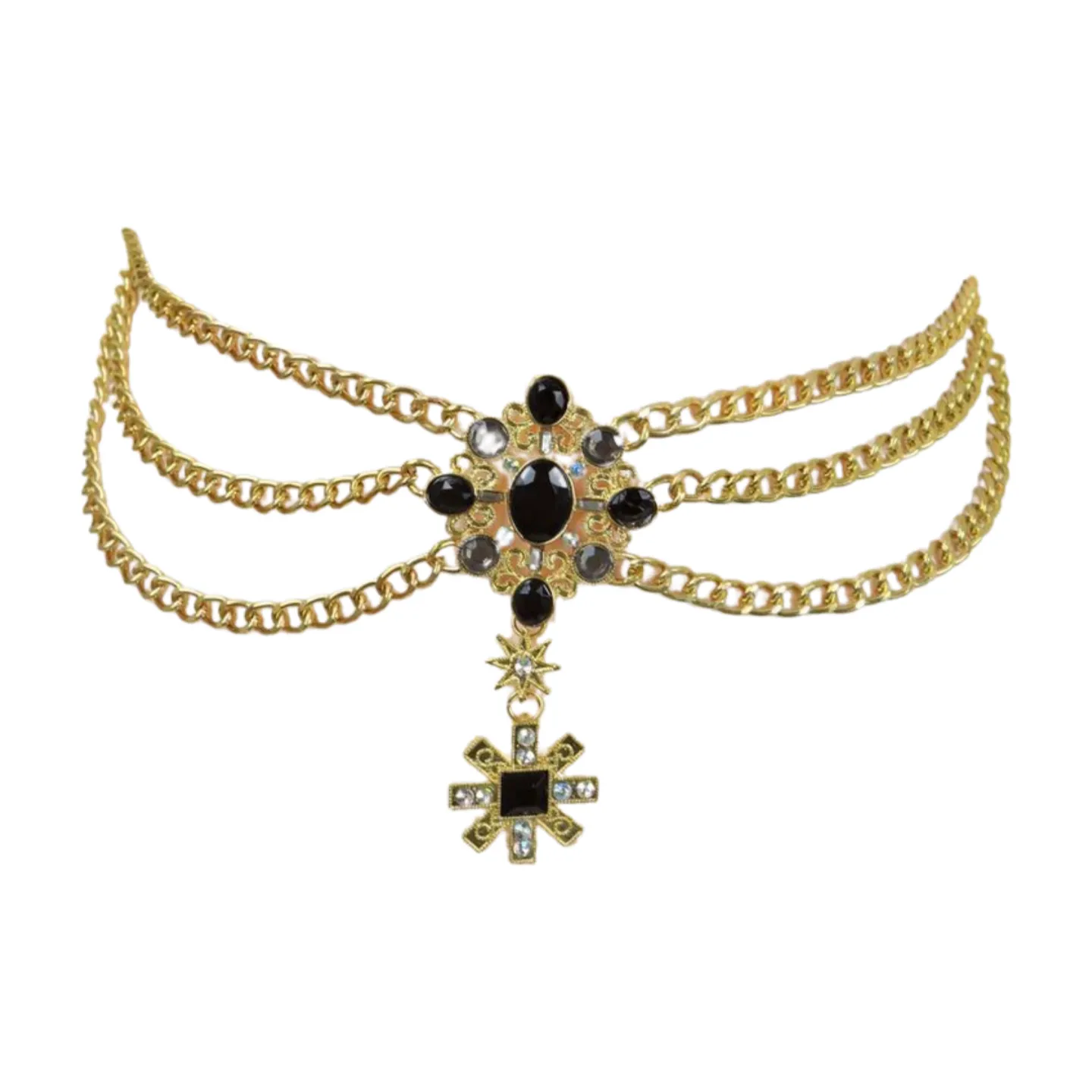Gold Metal Chain Belt British Black Cross Star Charm S M