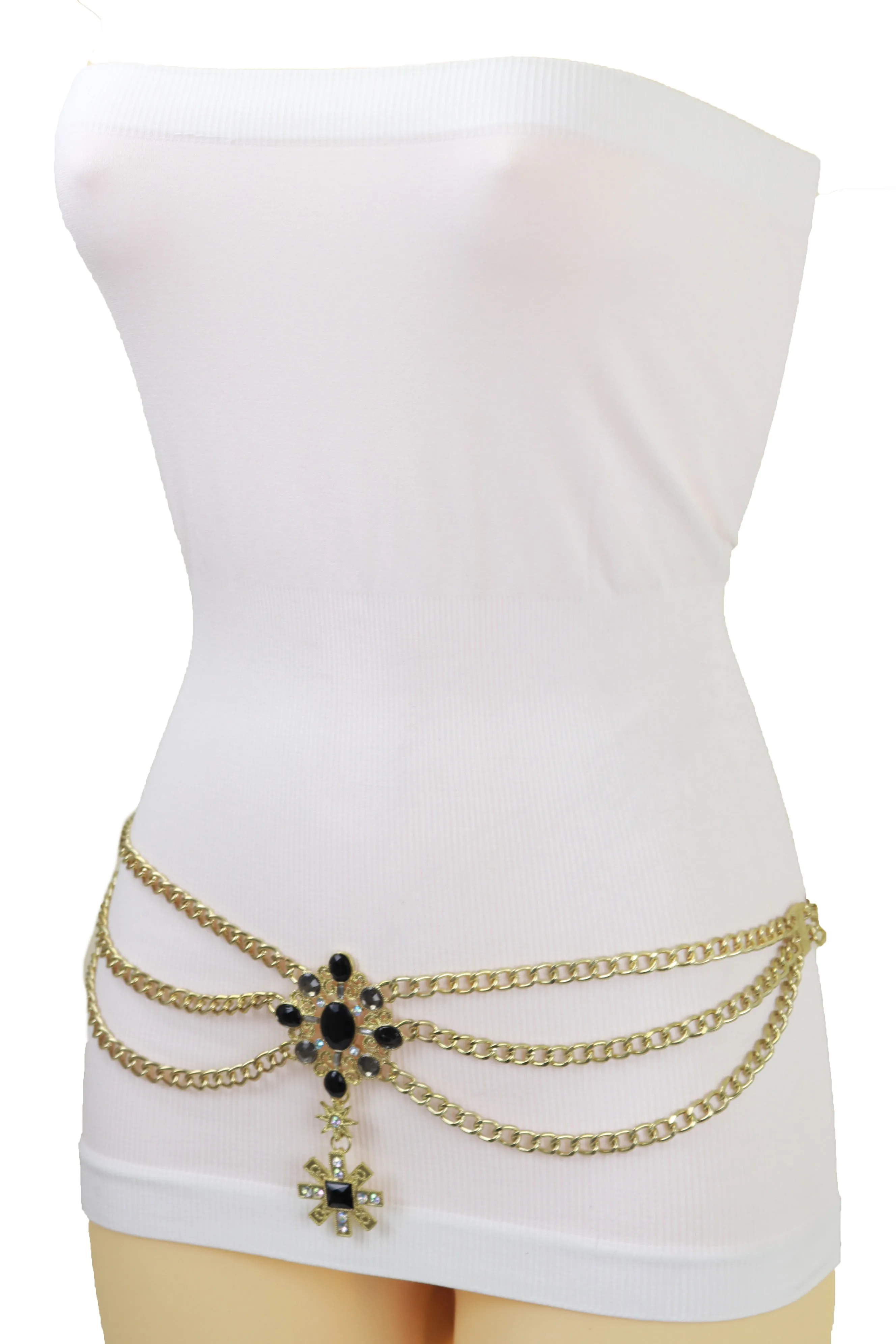 Gold Metal Chain Belt British Black Cross Star Charm S M