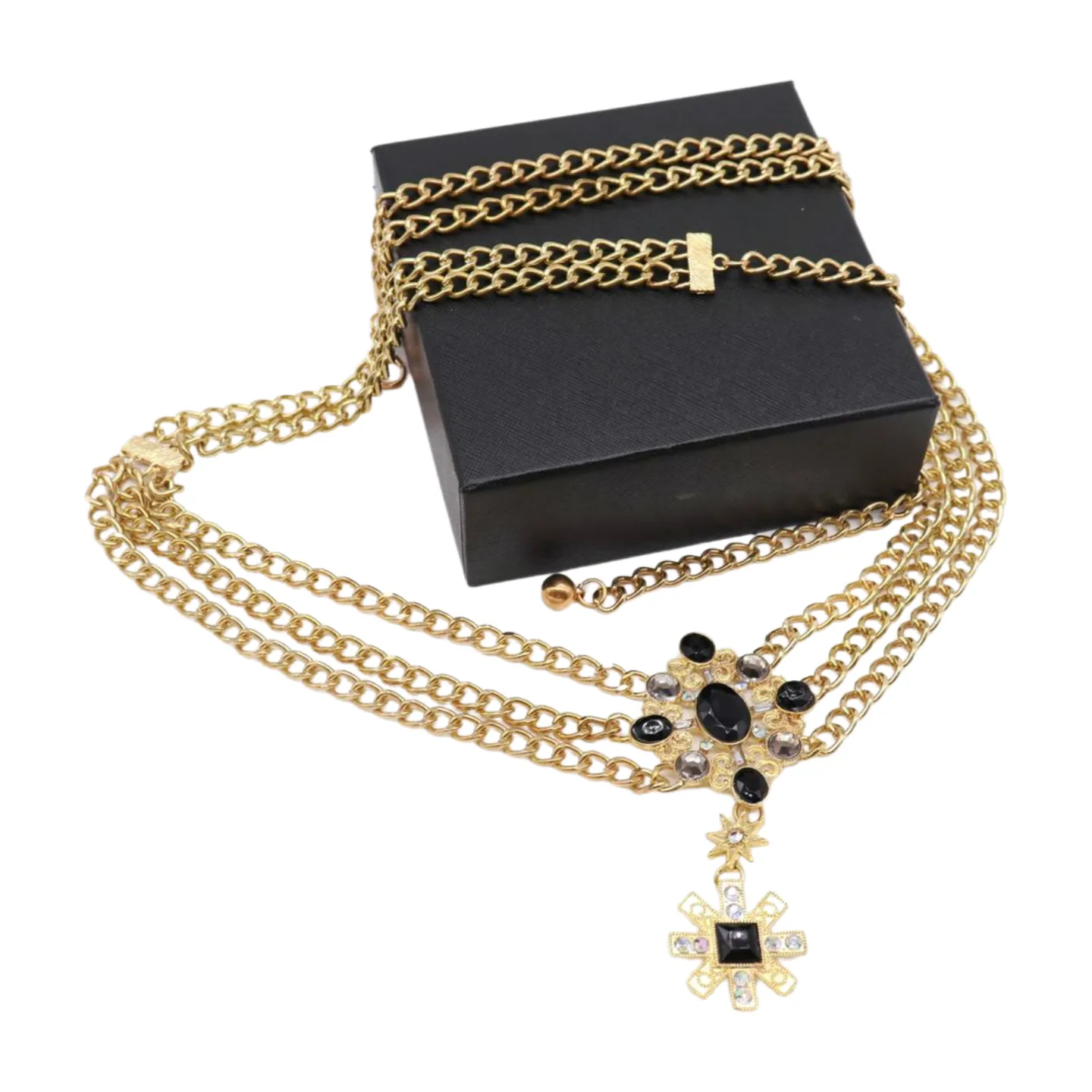 Gold Metal Chain Belt British Black Cross Star Charm S M