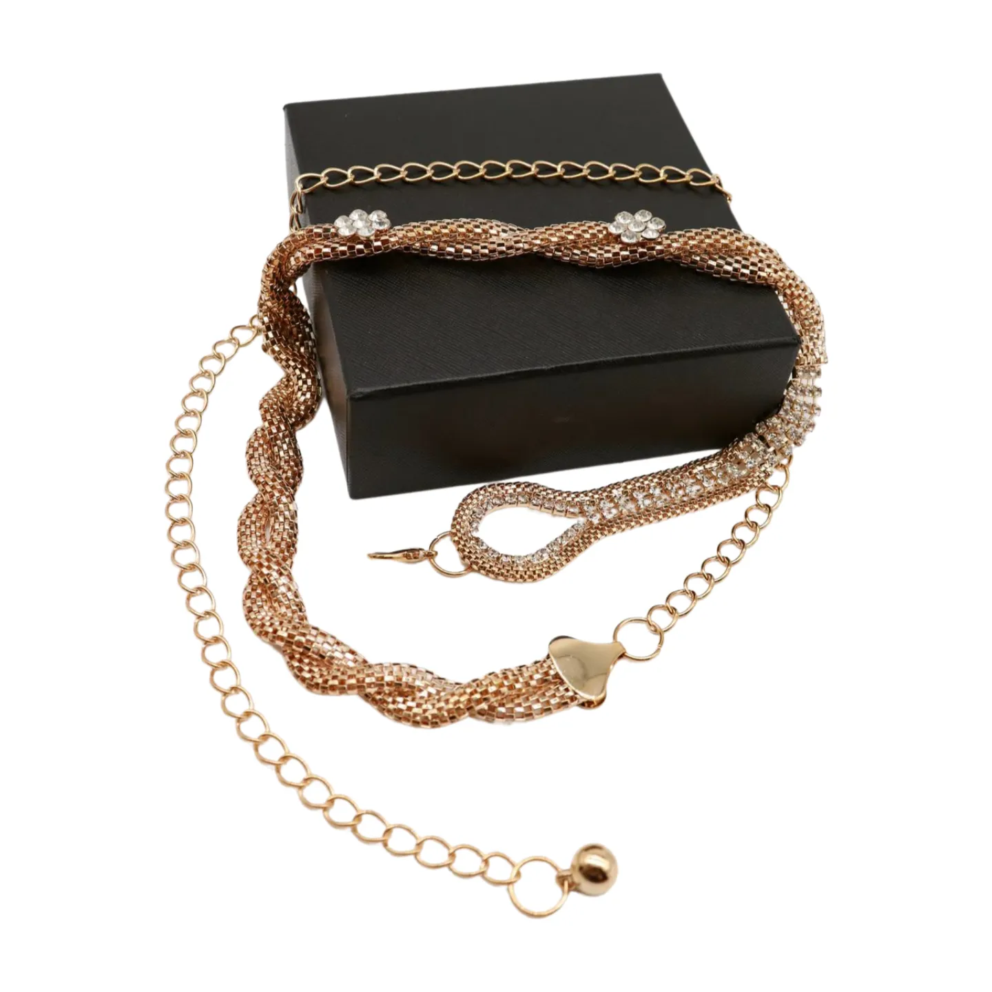 Gold Metal Chain Braided Belt Flower Charms Fit Size S M L