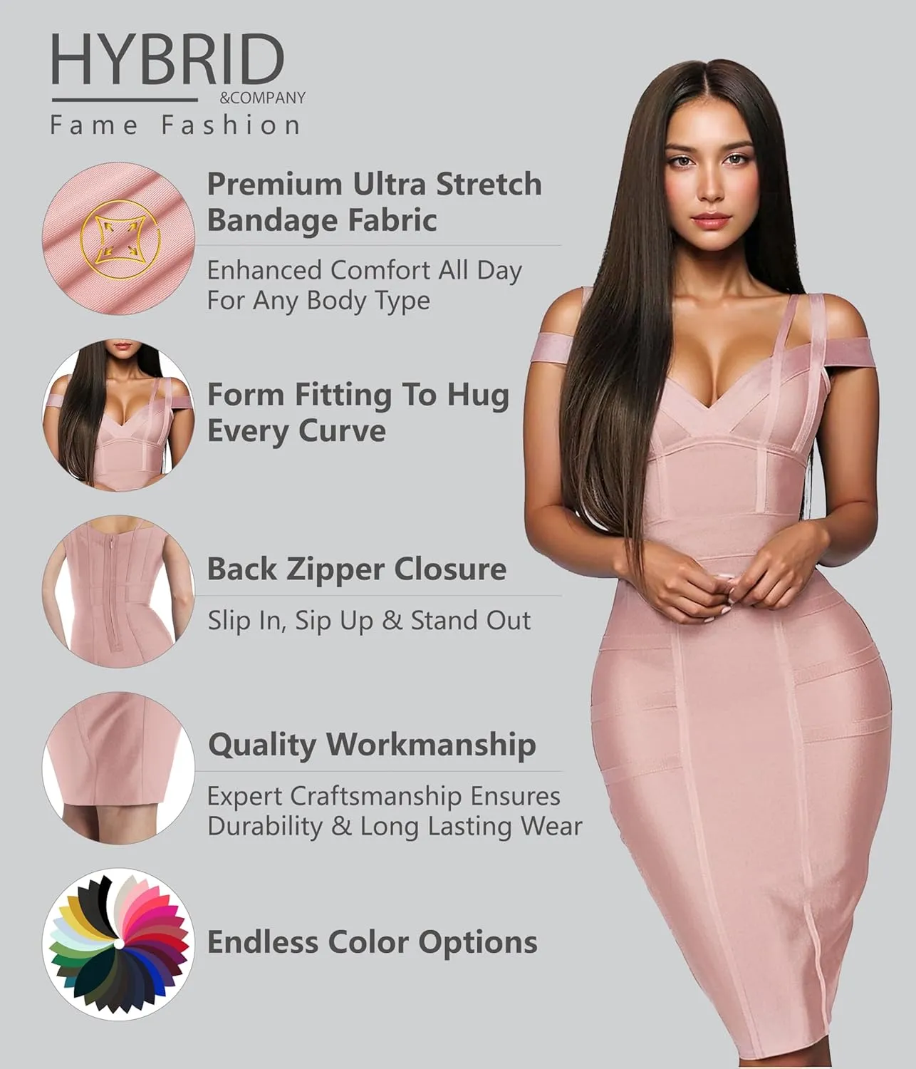 Hybrid & Company Womens Elegance V Neck Stretch Chic Bandage Dress