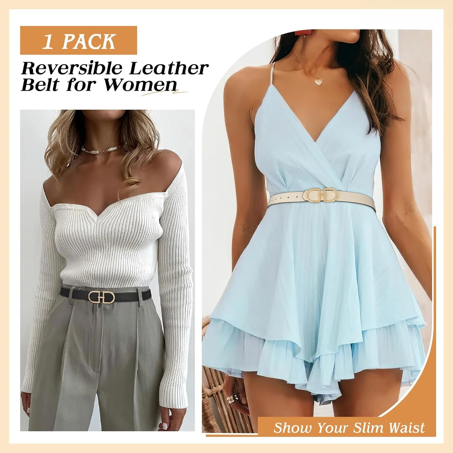 IAKING Reversible Leather Belt for Women With Gold Buckle Ladies Two-in-One Leather Womens Belt for Jeans Pants Dresses
