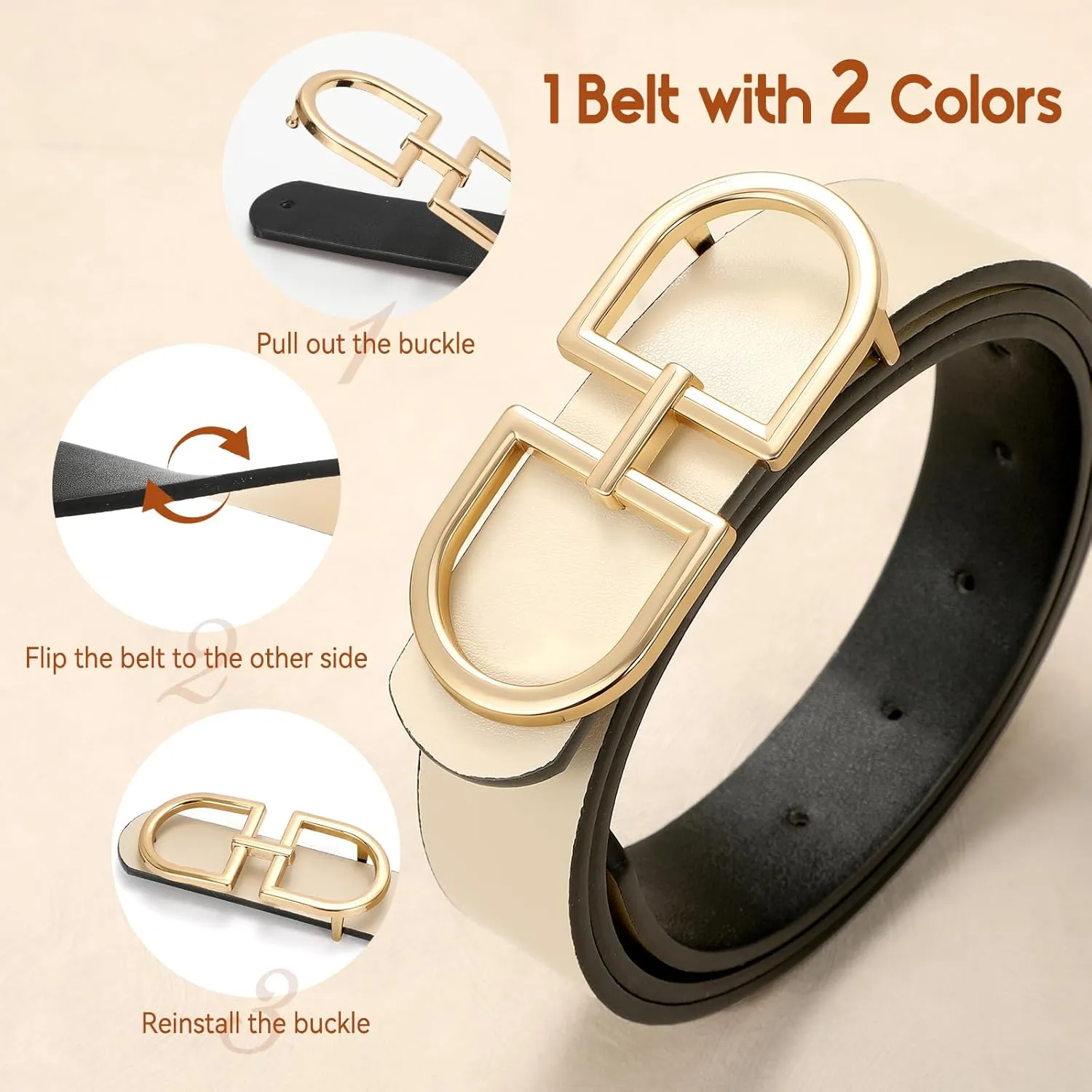 IAKING Reversible Leather Belt for Women With Gold Buckle Ladies Two-in-One Leather Womens Belt for Jeans Pants Dresses