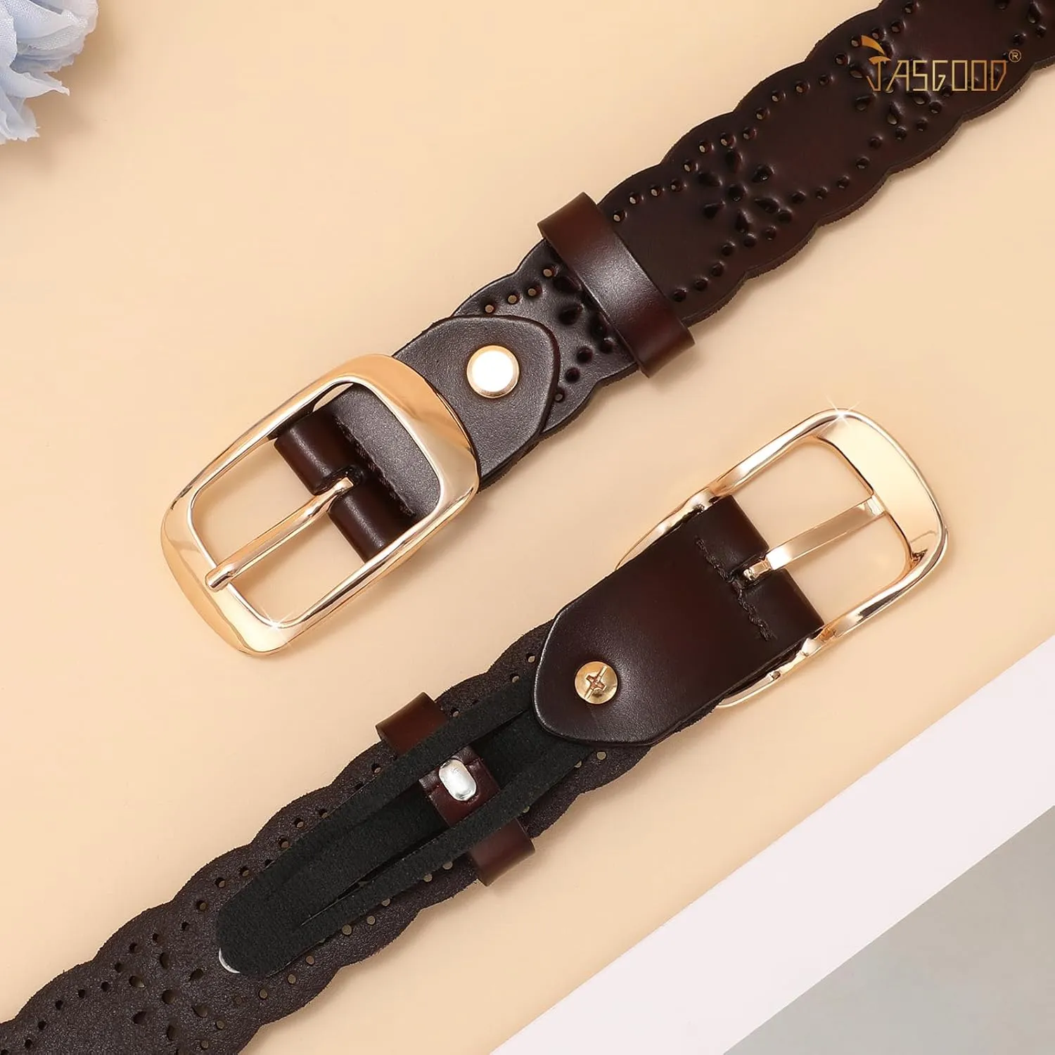 JASGOOD Leather Belt for Women Hollow Flower Leather Belt for Jeans Pants Fashion Waist Belt with Gold Buckle
