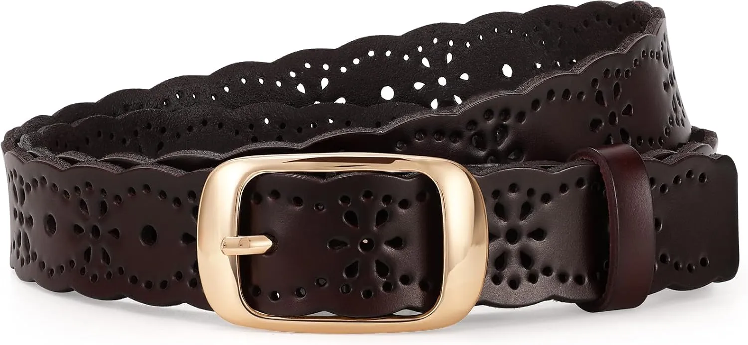 JASGOOD Leather Belt for Women Hollow Flower Leather Belt for Jeans Pants Fashion Waist Belt with Gold Buckle