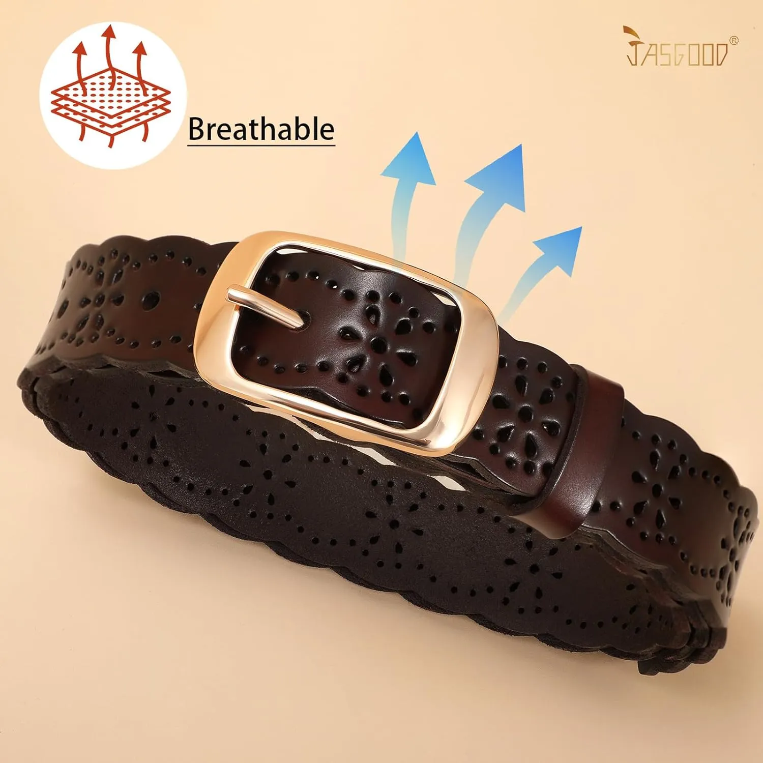 JASGOOD Leather Belt for Women Hollow Flower Leather Belt for Jeans Pants Fashion Waist Belt with Gold Buckle