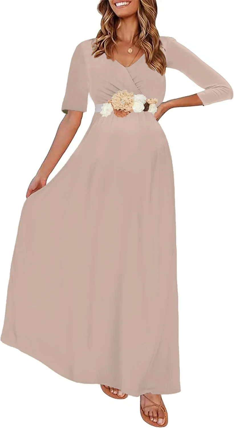 KIM S Maternity Maxi Dress with Flower Sash(S-3XL)/Wrapped Ruched V Neck Photoshoot Baby Shower Dresses