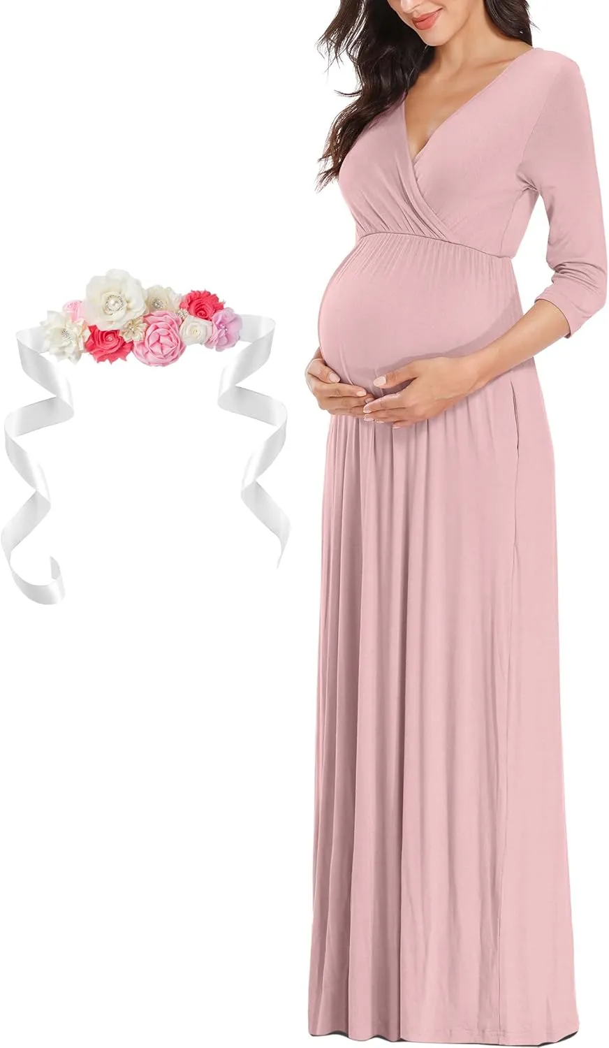 KIM S Maternity Maxi Dress with Flower Sash(S-3XL)/Wrapped Ruched V Neck Photoshoot Baby Shower Dresses