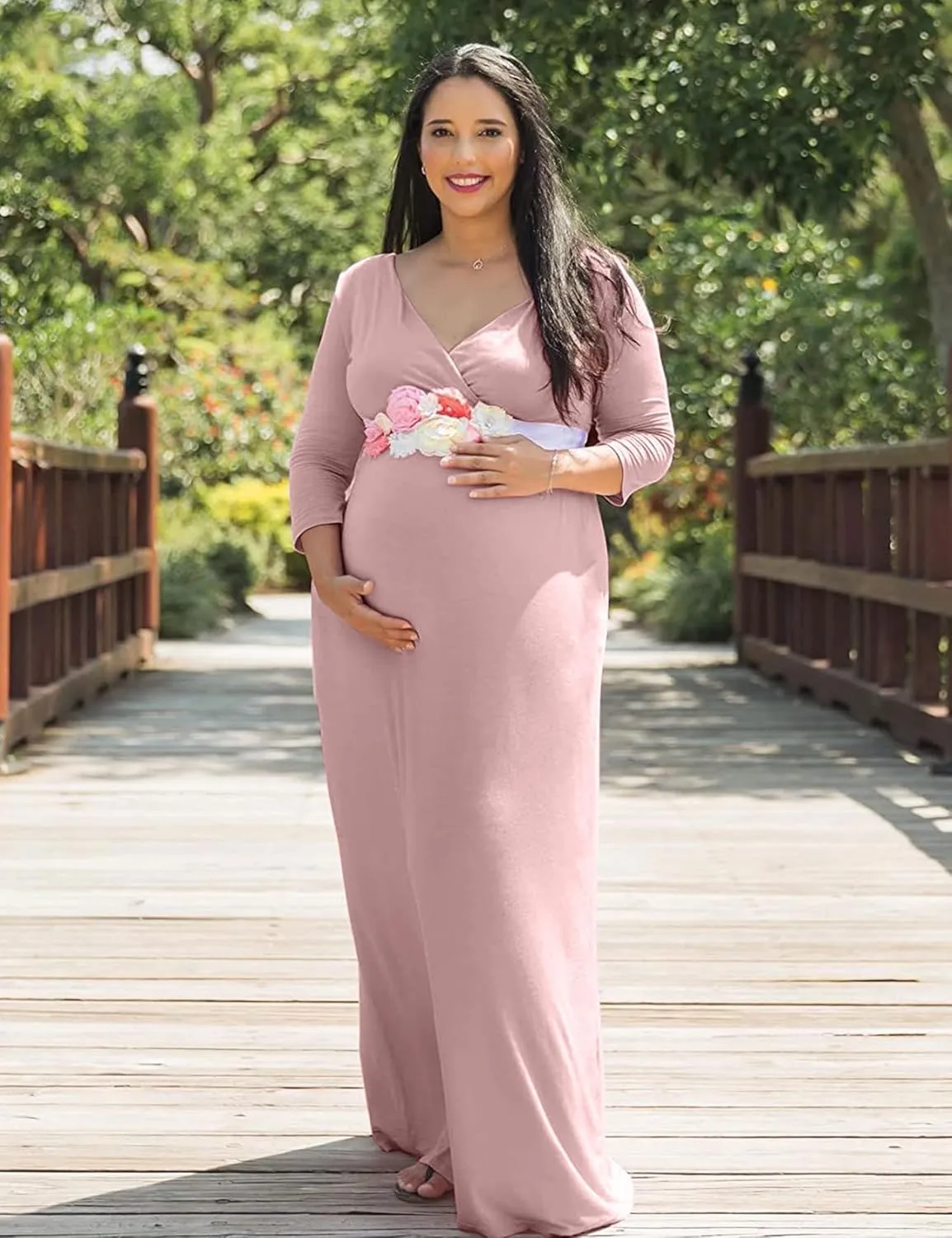 KIM S Maternity Maxi Dress with Flower Sash(S-3XL)/Wrapped Ruched V Neck Photoshoot Baby Shower Dresses