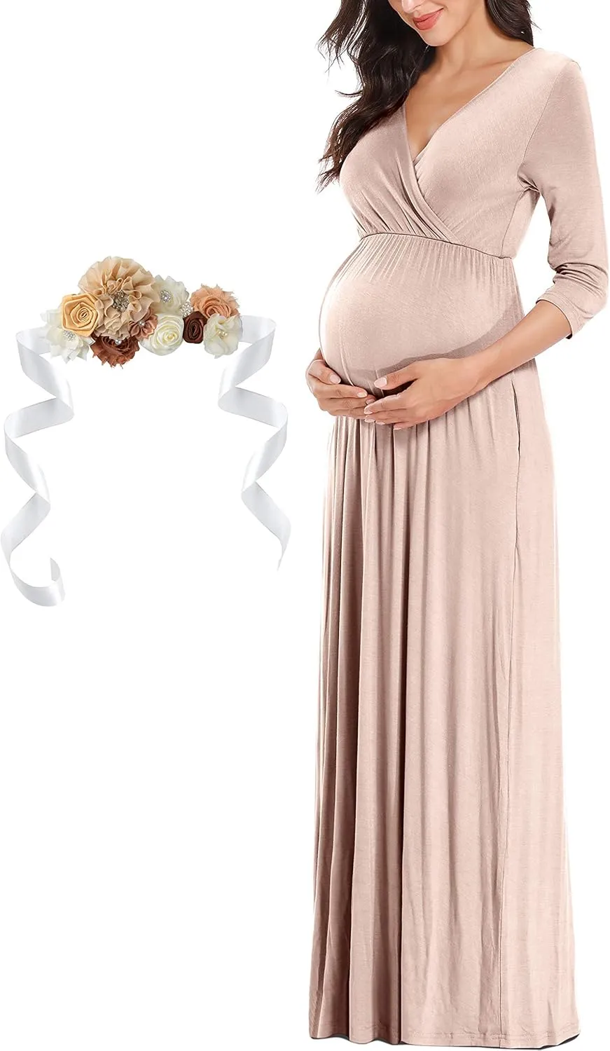 KIM S Maternity Maxi Dress with Flower Sash(S-3XL)/Wrapped Ruched V Neck Photoshoot Baby Shower Dresses
