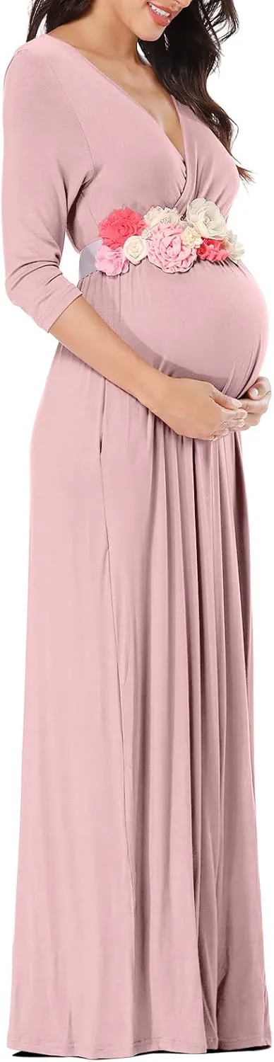 KIM S Maternity Maxi Dress with Flower Sash(S-3XL)/Wrapped Ruched V Neck Photoshoot Baby Shower Dresses