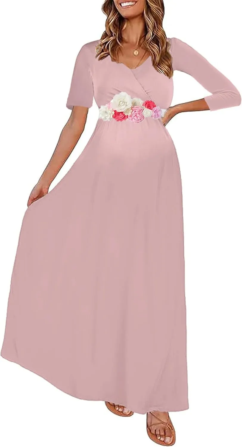 KIM S Maternity Maxi Dress with Flower Sash(S-3XL)/Wrapped Ruched V Neck Photoshoot Baby Shower Dresses