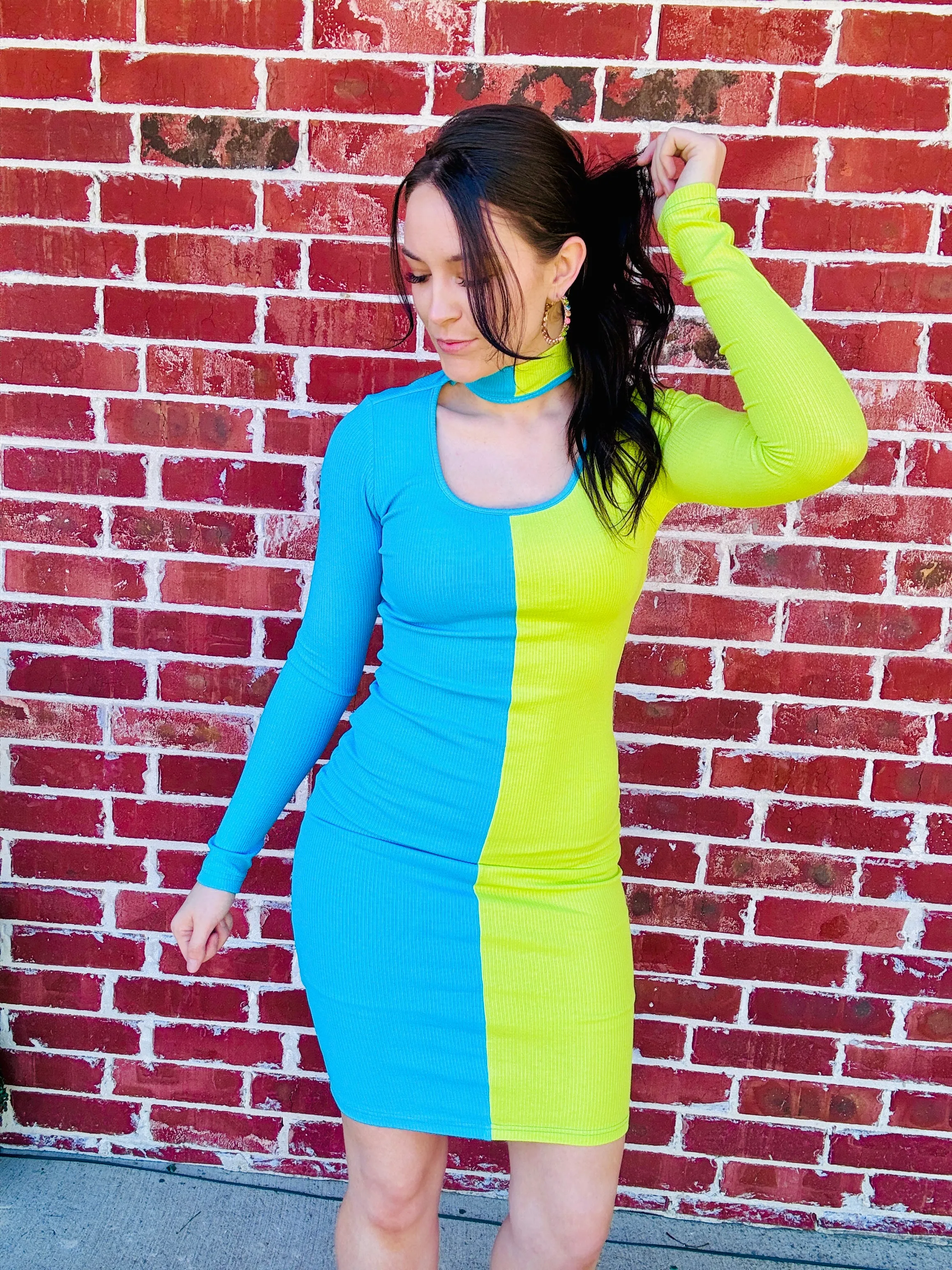 Lime Twist Make It Look Easy Mock Neck Dress