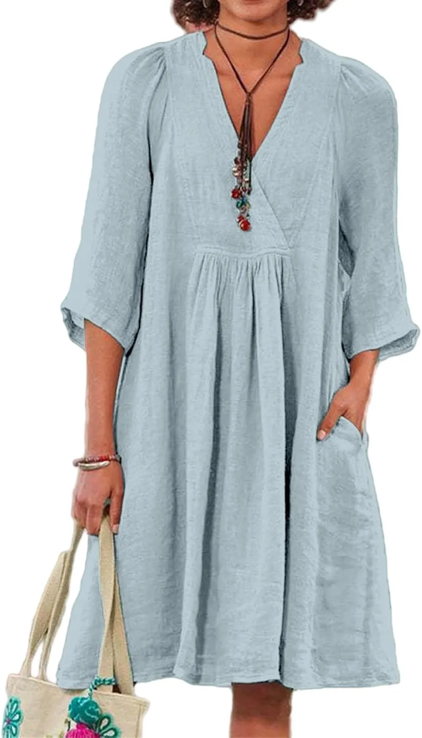 Linen Dresses for Women Casual 3/4 Sleeve V Neck Midi Dress Summer Loose Flowy Dresses Vacation Beach Shift Dress