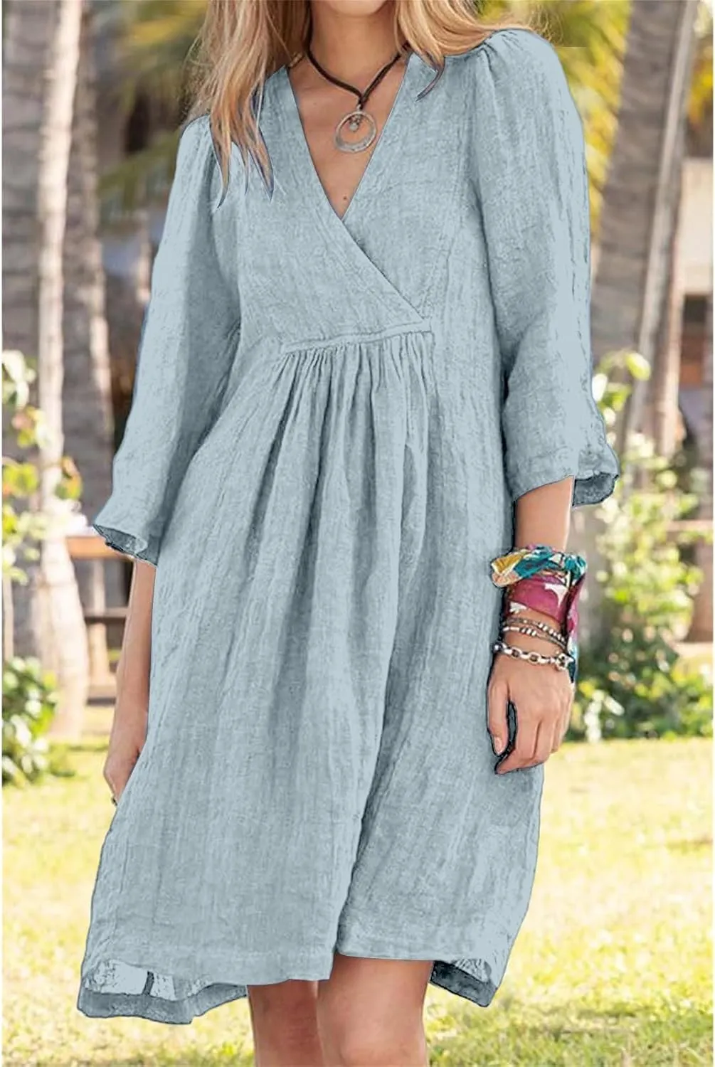 Linen Dresses for Women Casual 3/4 Sleeve V Neck Midi Dress Summer Loose Flowy Dresses Vacation Beach Shift Dress