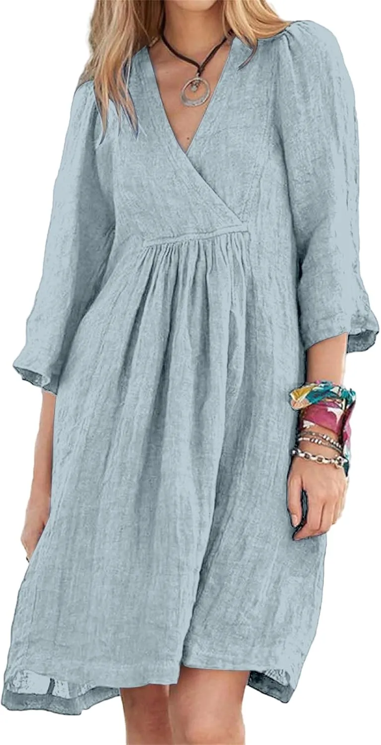 Linen Dresses for Women Casual 3/4 Sleeve V Neck Midi Dress Summer Loose Flowy Dresses Vacation Beach Shift Dress