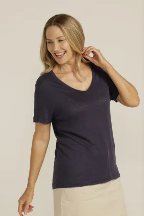 Linen V Neck Tee Navy