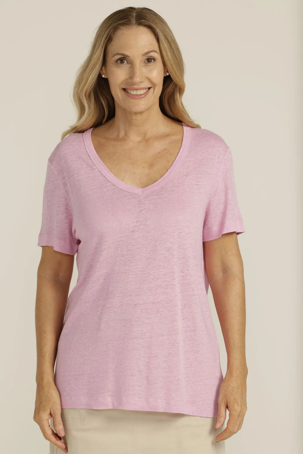Linen V Neck Tee Pale Pink