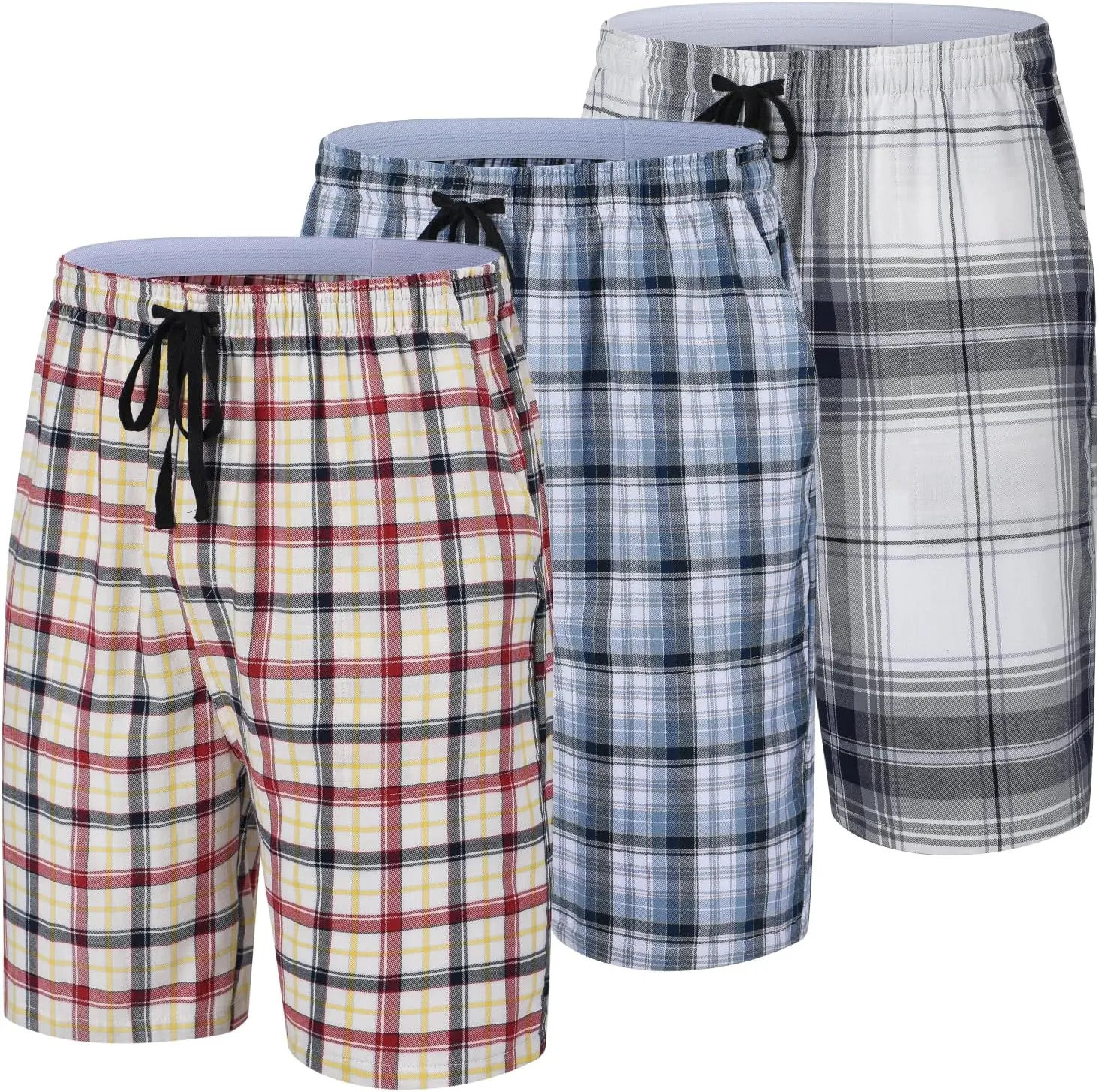 Men's 100% Soft Cotton Christmas Pajama Shorts Lounge Sleep Shorts Plaid Button 3-Pack with Pockets