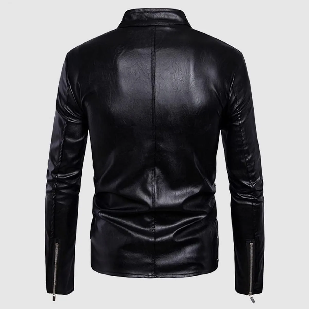 Men's Black Biker Genuine Sheepskin Stand Collar Multi-Zipper Vintage Punk Trendy Classic Moto Riding Retro Leather Jacket