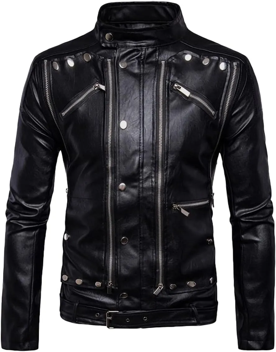 Men's Black Biker Genuine Sheepskin Stand Collar Multi-Zipper Vintage Punk Trendy Classic Moto Riding Retro Leather Jacket