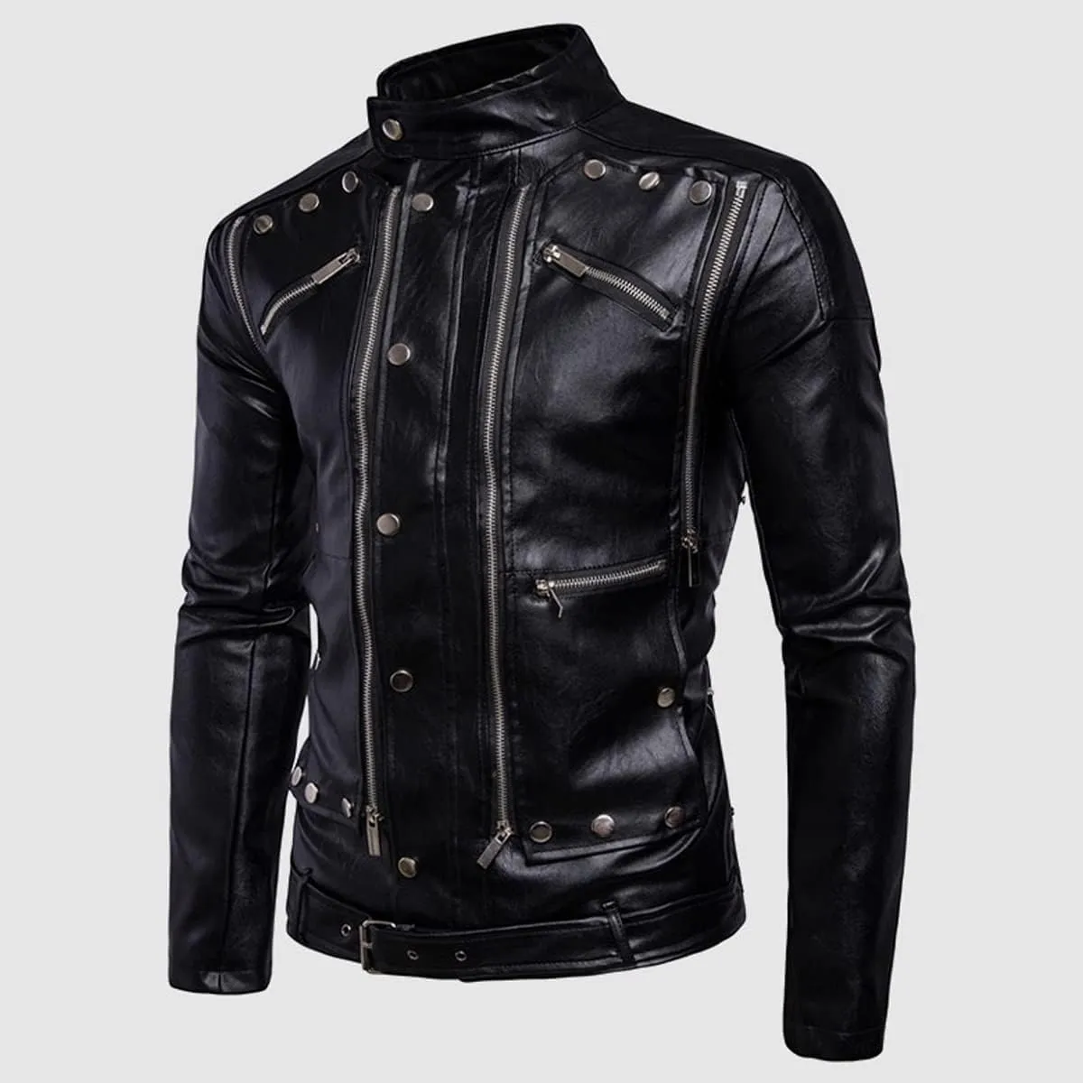Men's Black Biker Genuine Sheepskin Stand Collar Multi-Zipper Vintage Punk Trendy Classic Moto Riding Retro Leather Jacket
