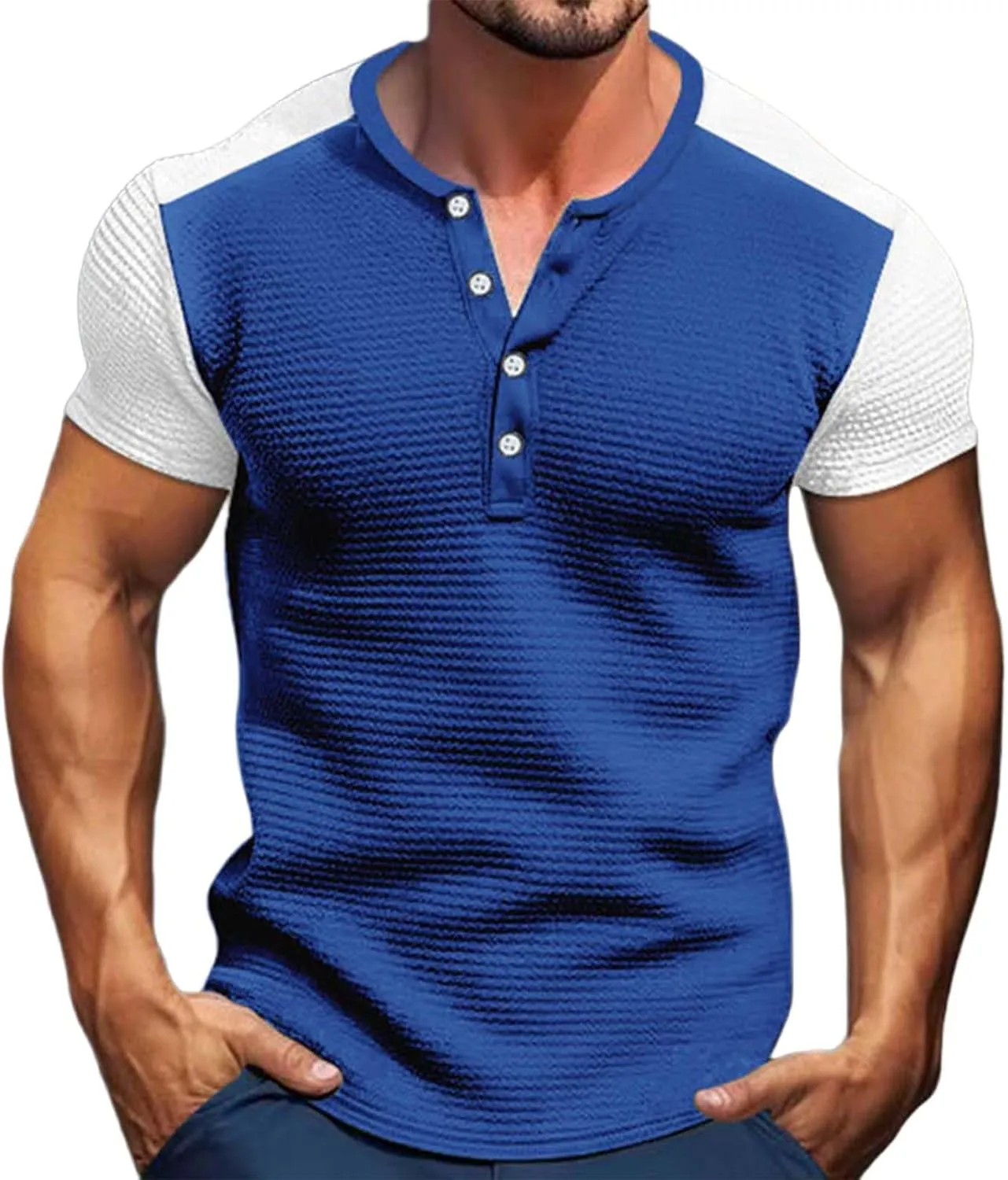 Men's Color Block Waffle Knit Henley Shirt Short Sleeve Button Down Round Neck Vacation Wear Breathable Holiday Stylish Top